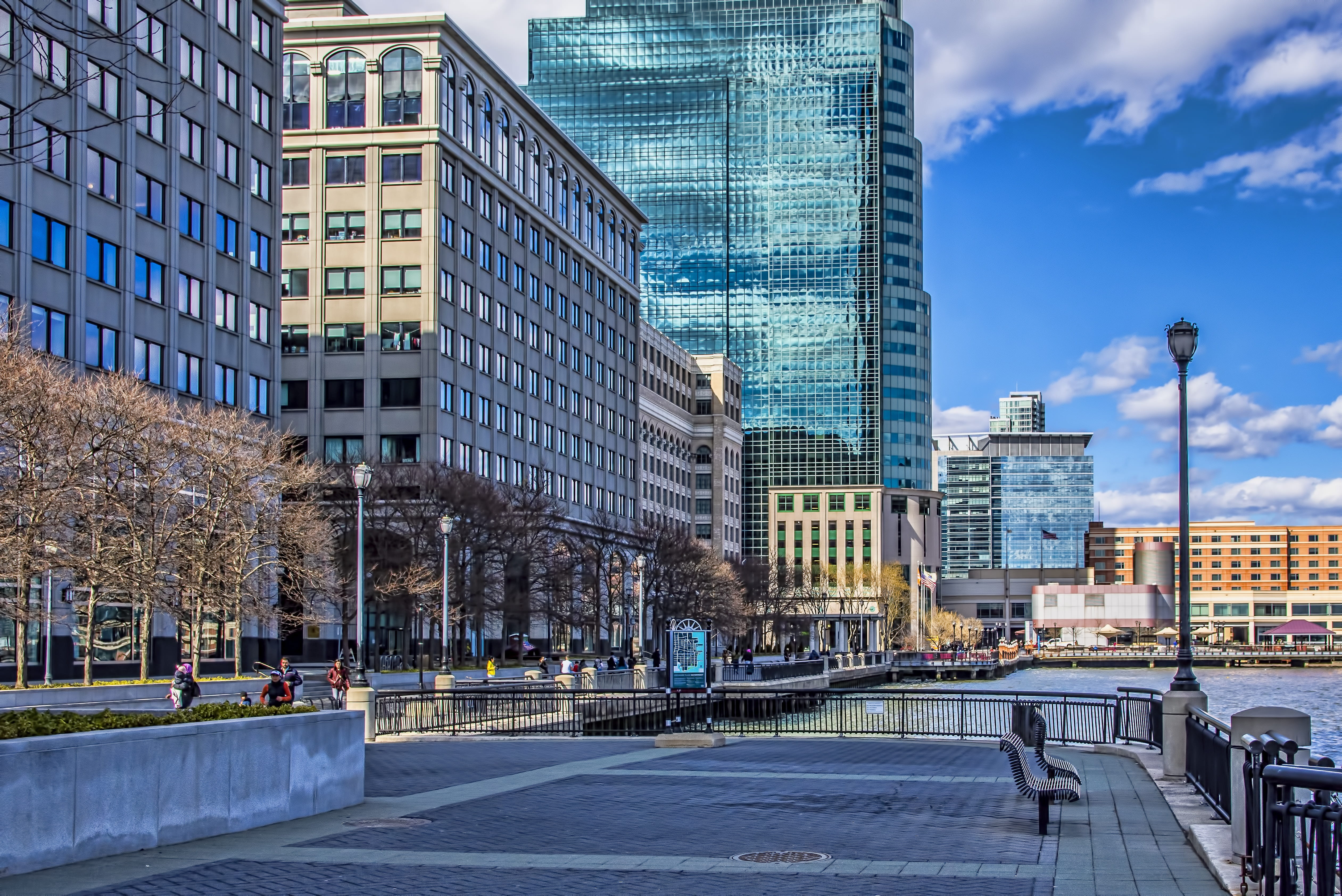 financial district, city life, jersey city, skyline, skyscraper, building exterior, harbor, incidental people, building, city, 4K, architecture, built structure, HD Wallpaper