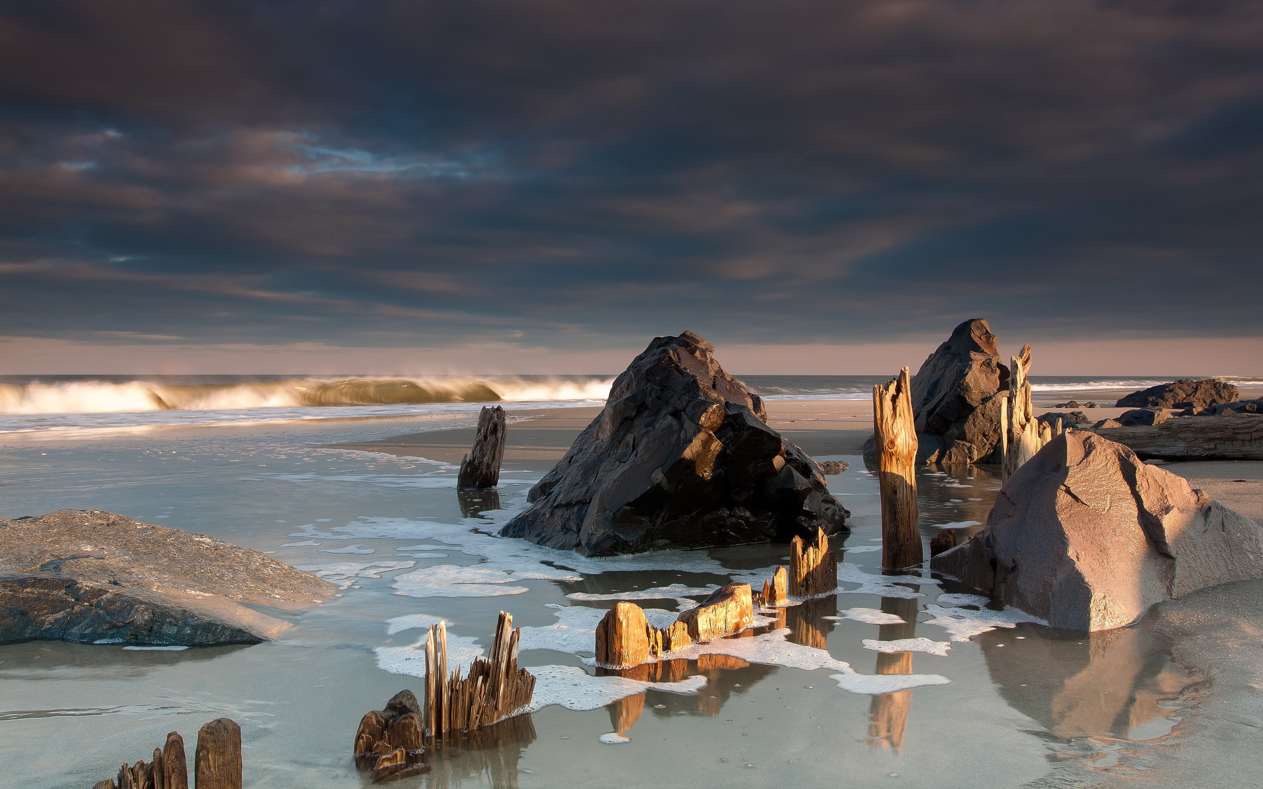 clouds, monmouth, nature, brown, formation, rock, new jersey, beach, monmouth new jersey, rocks, sky, seascape, 2K, HD Wallpaper