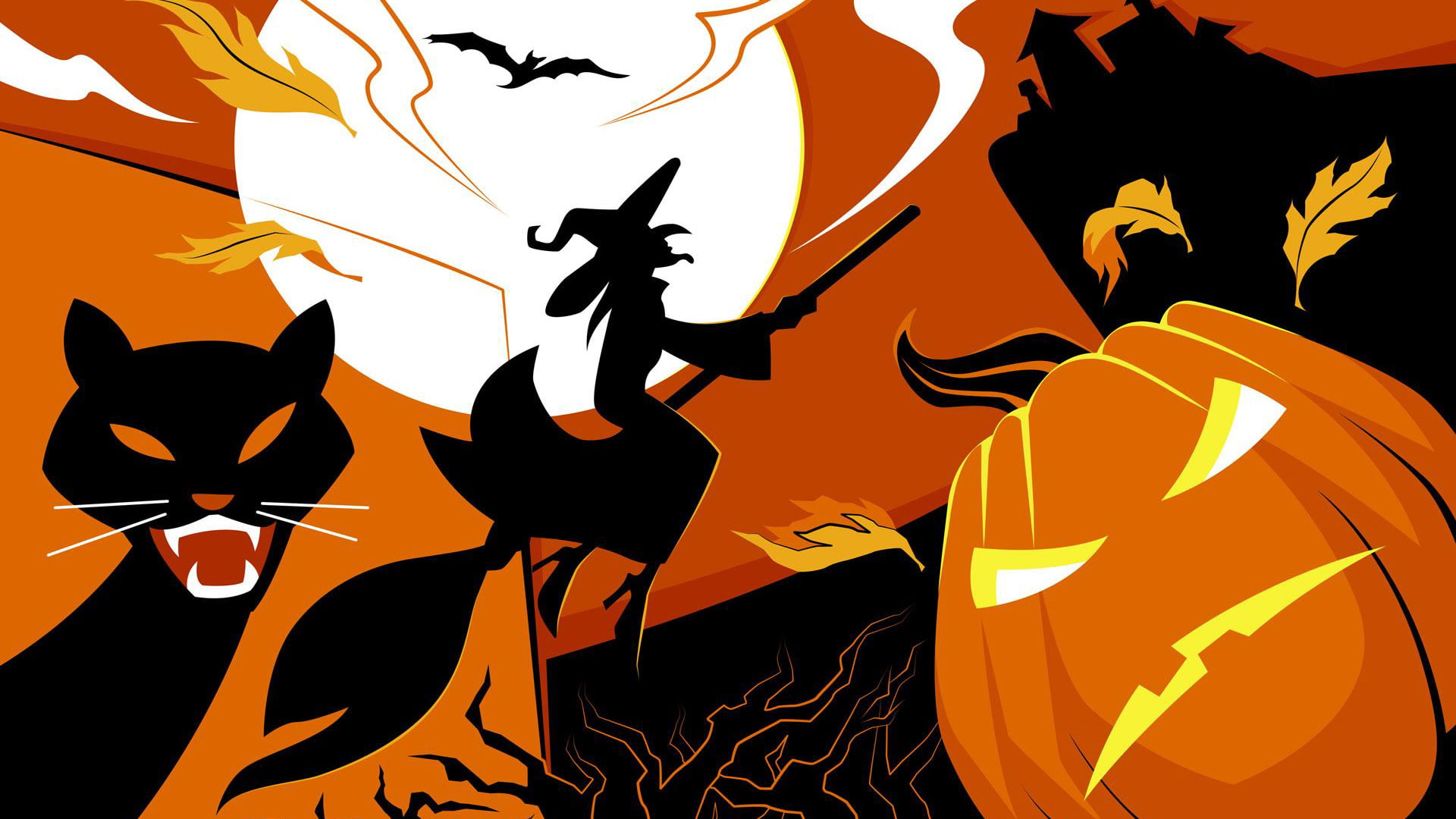 1080P, black cats, pumpkin, Halloween, witch, HD Wallpaper