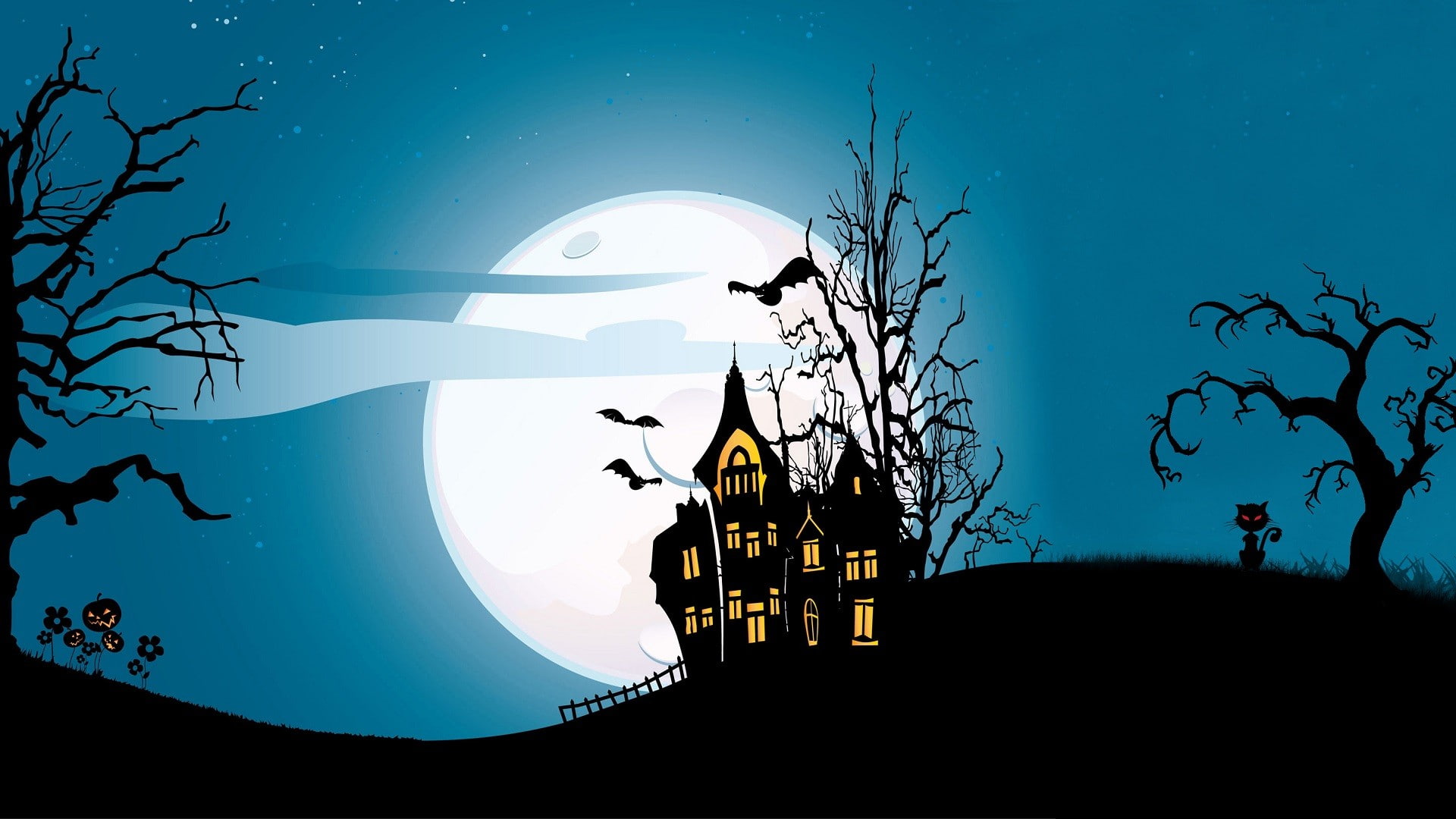 pumpkin, 1080P, cat, Halloween, house, Moon, bats, trees, digital art, HD Wallpaper
