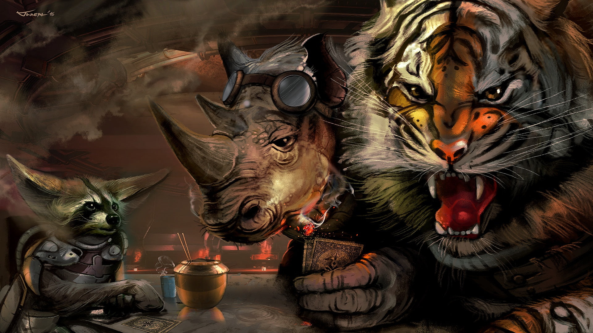 Roar, The game, Conspiracy, Animals, Art, by Csaba Kémeri, Csaba Kémeri, 1080P, Rhino, Characters, Raccoon, Tiger, HD Wallpaper