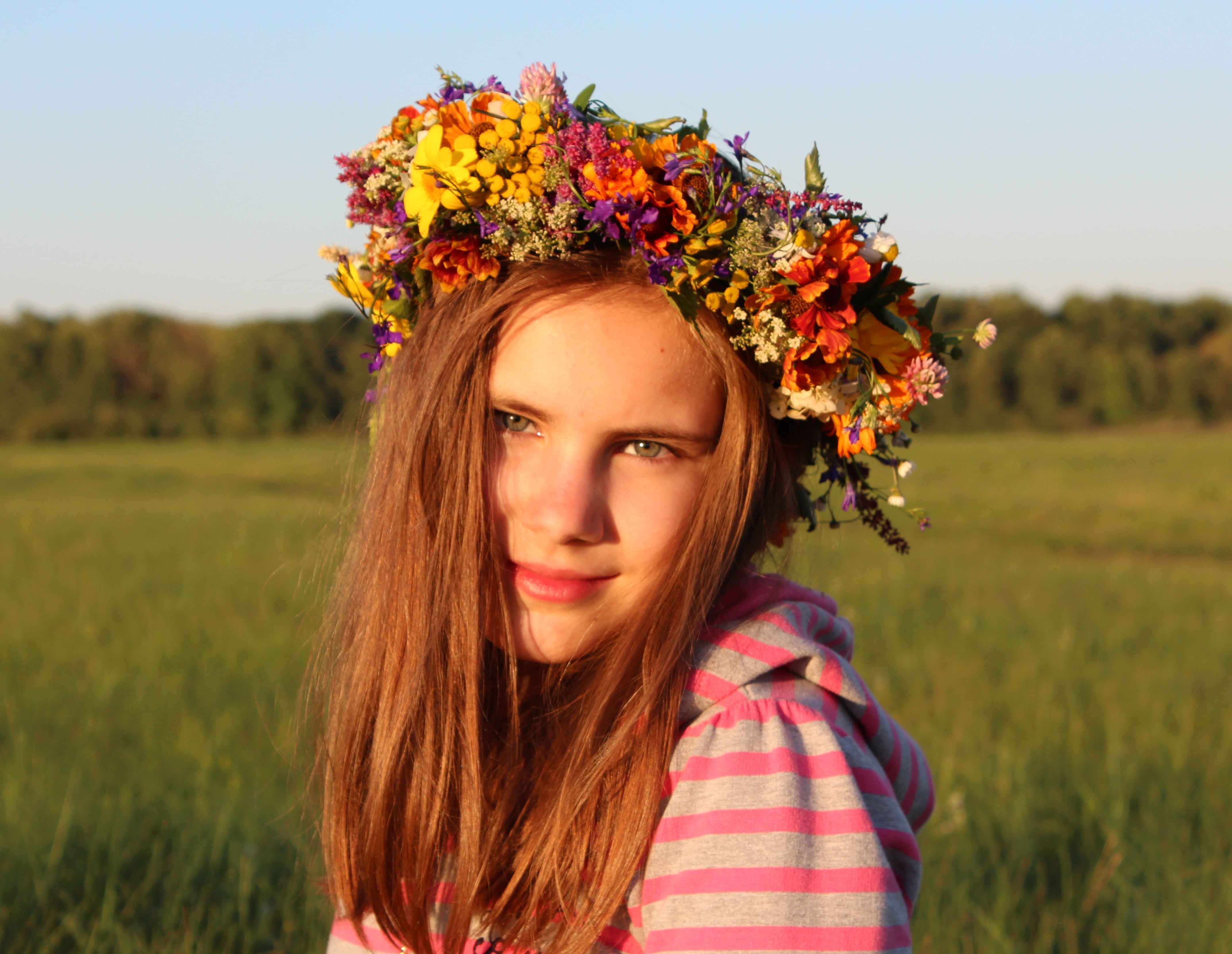field, long hair, women, striped, beautiful woman, wreath, purple, plant, witchcraft, hairstyle, flowering plant, wearing flowers, looking at camera, people, HD Wallpaper