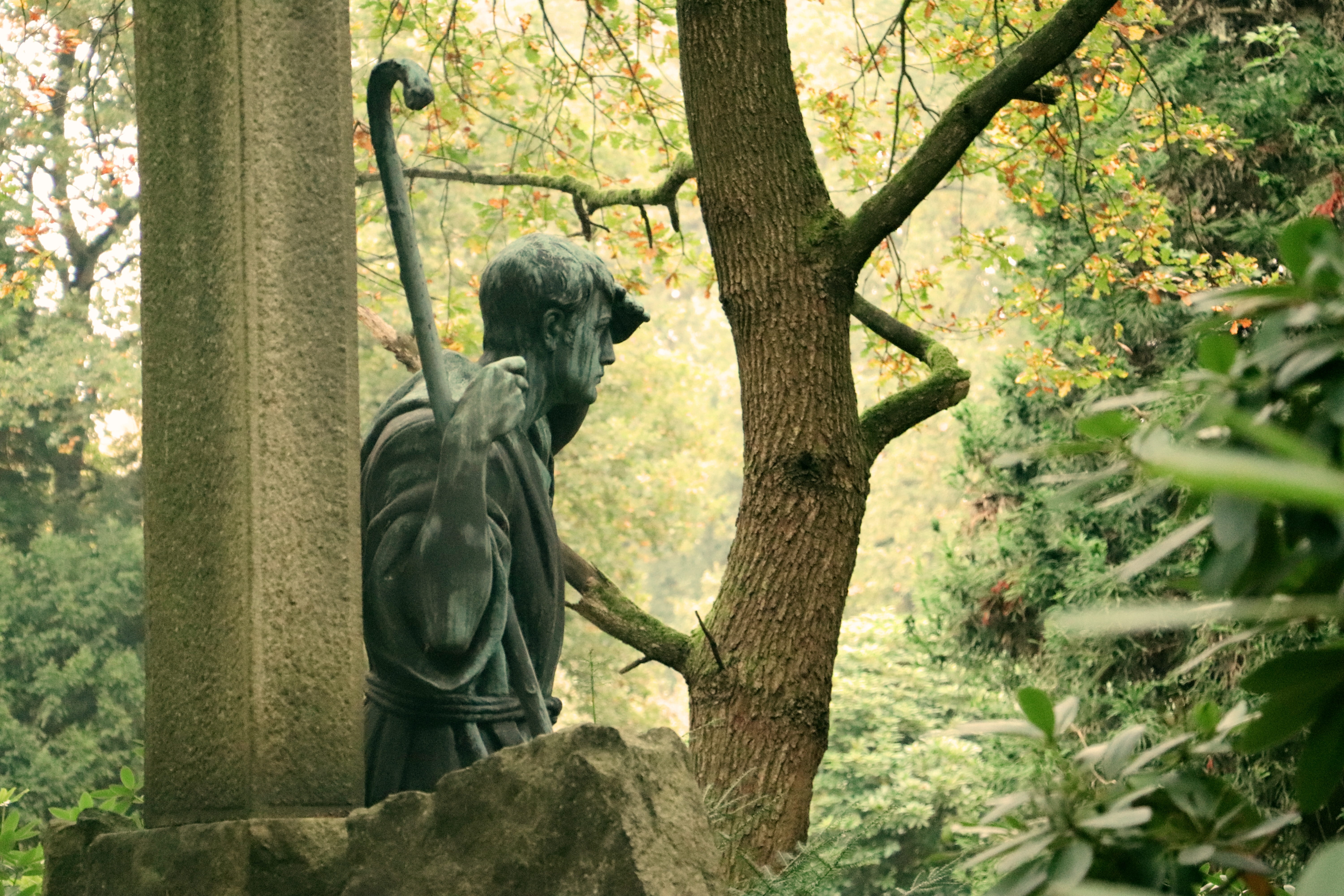 green color, old cemetery, tomb, mourning, tree, sculpture, creativity, 5K, stone figure, male likeness, human representation, branch, no people, statue, HD Wallpaper