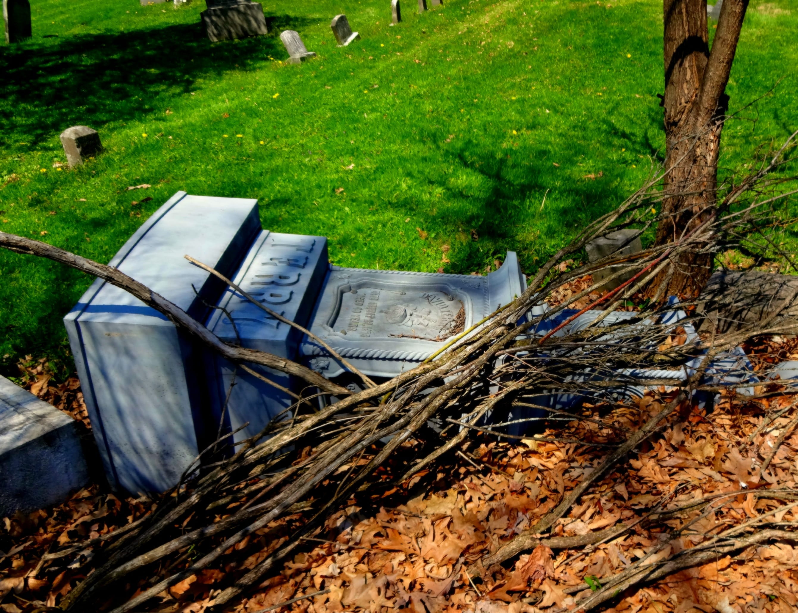 abandoned, broken monument, goth, green, shadow, mysterious, landscape, outdoors, damaged, creepy, gothic, old, broken tombstone, Death, mode of transportation, HD Wallpaper