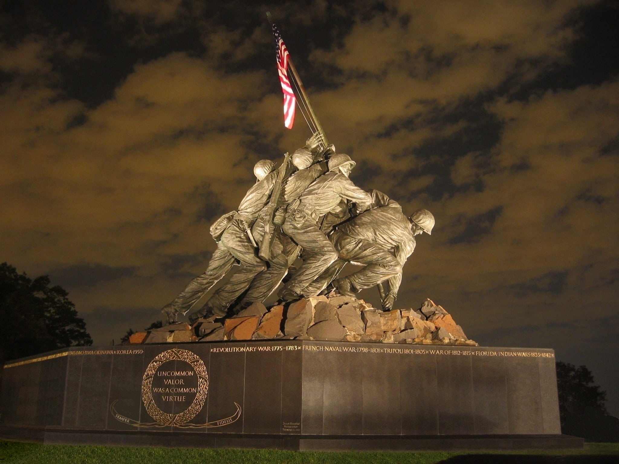 no people, us, military, illuminated, cloud - sky, craft, statue, patriotism, usa, independence, historic, representation, nature, iwo, us marines war memorial, HD Wallpaper