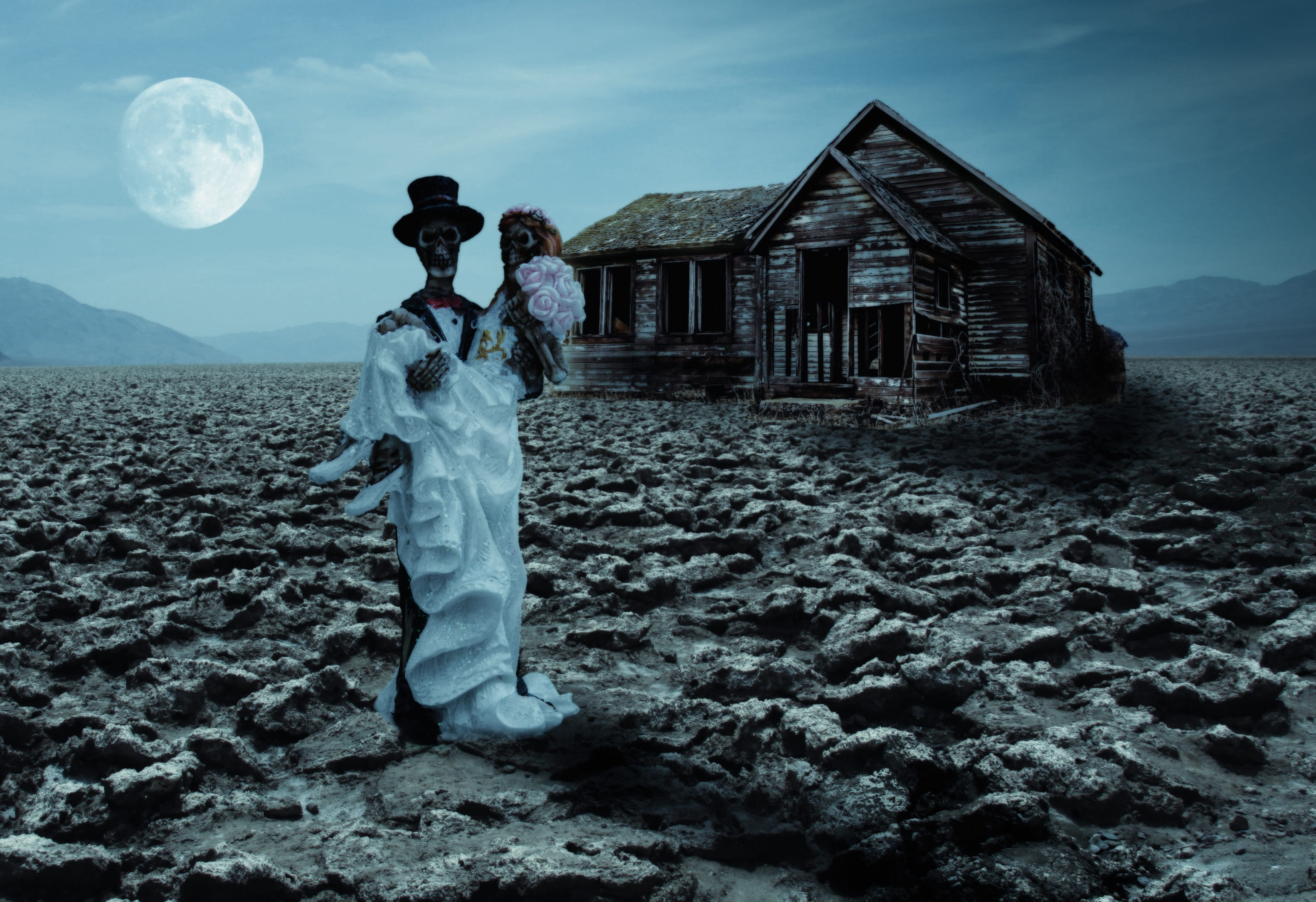 standing, moon, dress, digital composite, land, gloomy, lifestyles, 2K, women, building, clothing, full length, fashion, young adult, fantasy, outdoors, HD Wallpaper