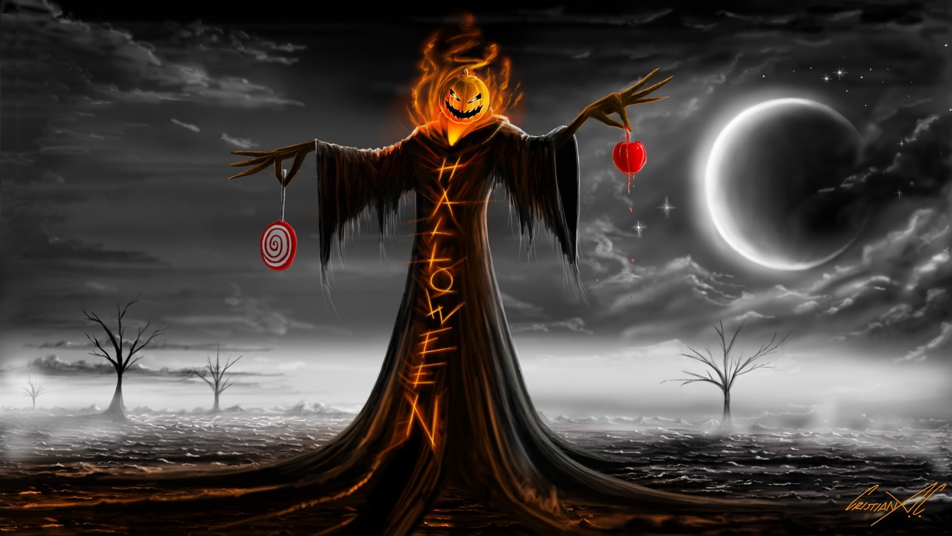 Samhain, Halloween, 1080P, pumpkin, Moon, clouds, scarecrows, HD Wallpaper