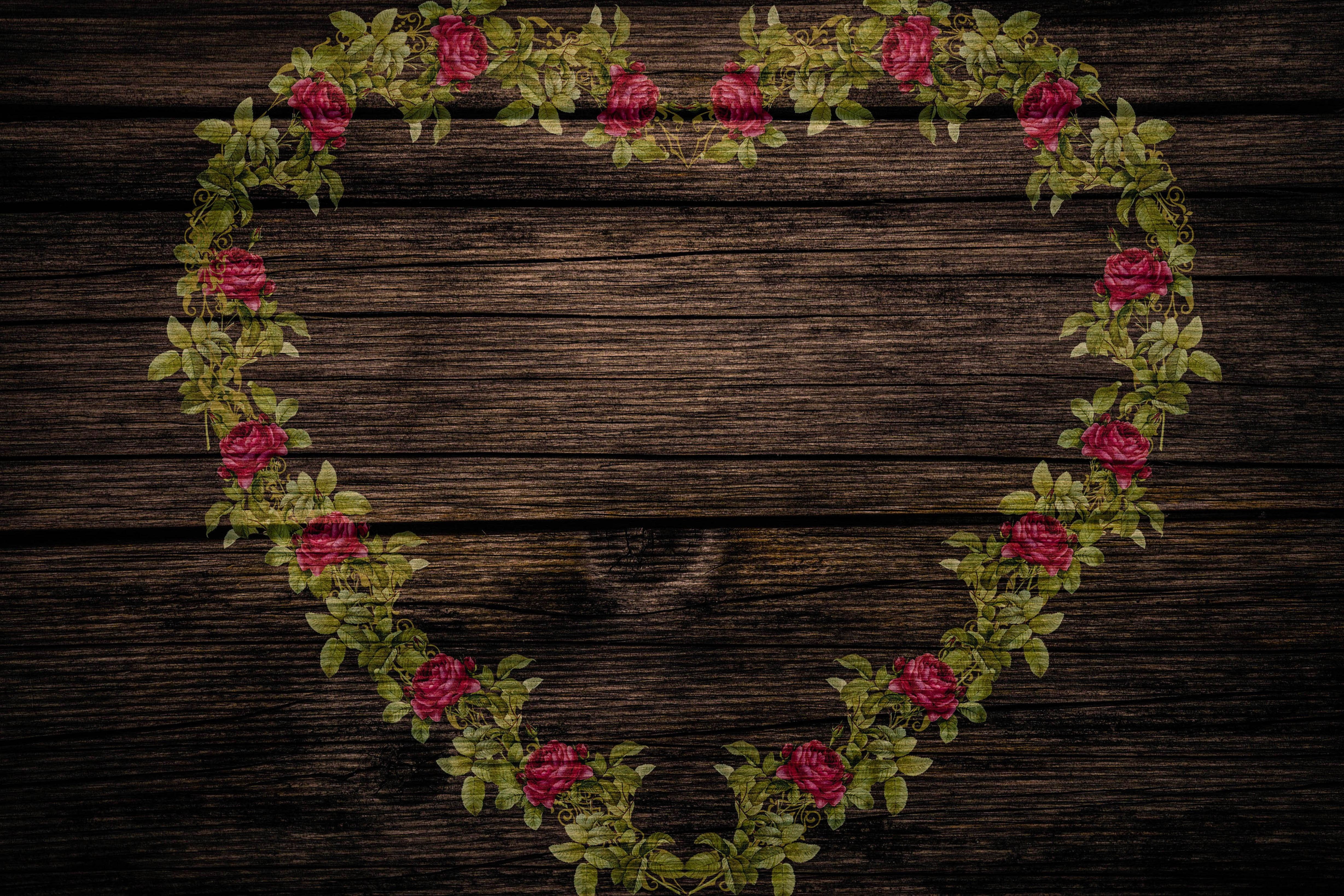 shabby chic, 4K, roses, style, vintage, texture, wood, heart, background, HD Wallpaper