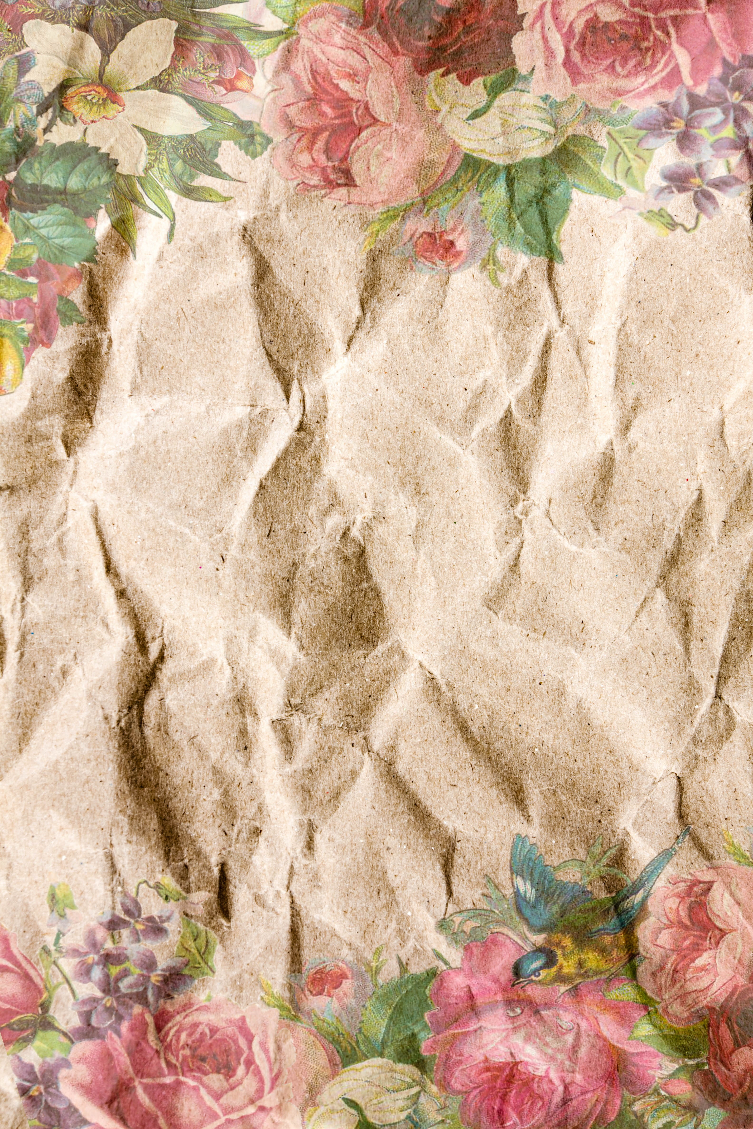 floral, flower, vintage, beauty in nature, fold, pink, high angle view, no people, 4K, full frame, pattern, close-up, paper, shabby chic, vulnerability, Phone HD Wallpaper