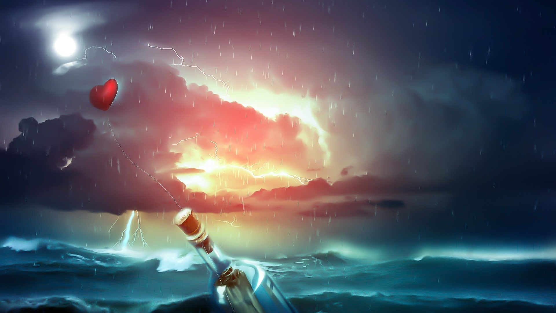 1080P, letter, Note, mood, sea, Cartoon, rain, sky, love, romance, heart, ocean, Lightning, bottle, storm, HD Wallpaper