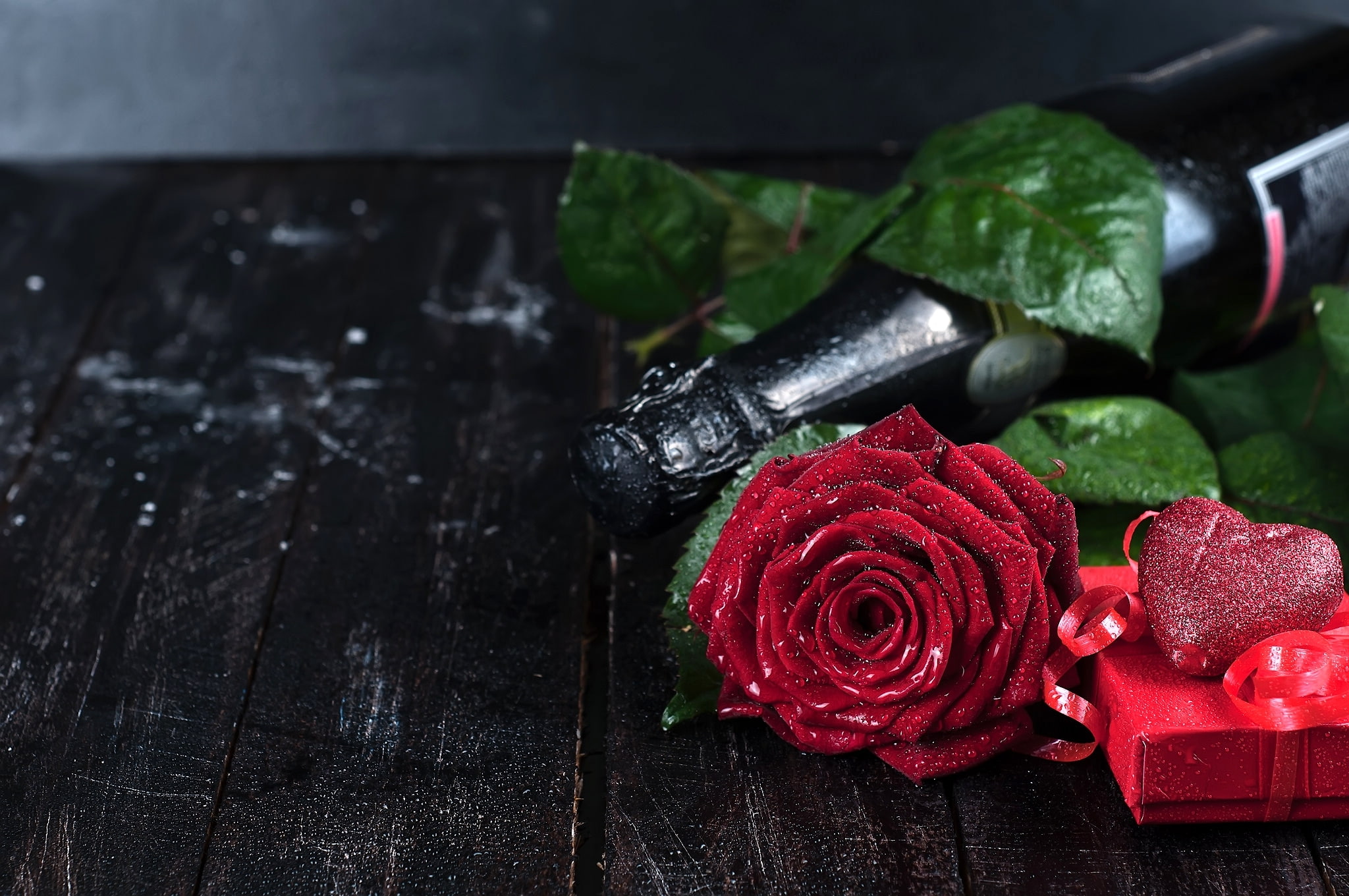 flower, gift, rose, heart, bottle, champagne, 1080P, Valentines Day, HD Wallpaper