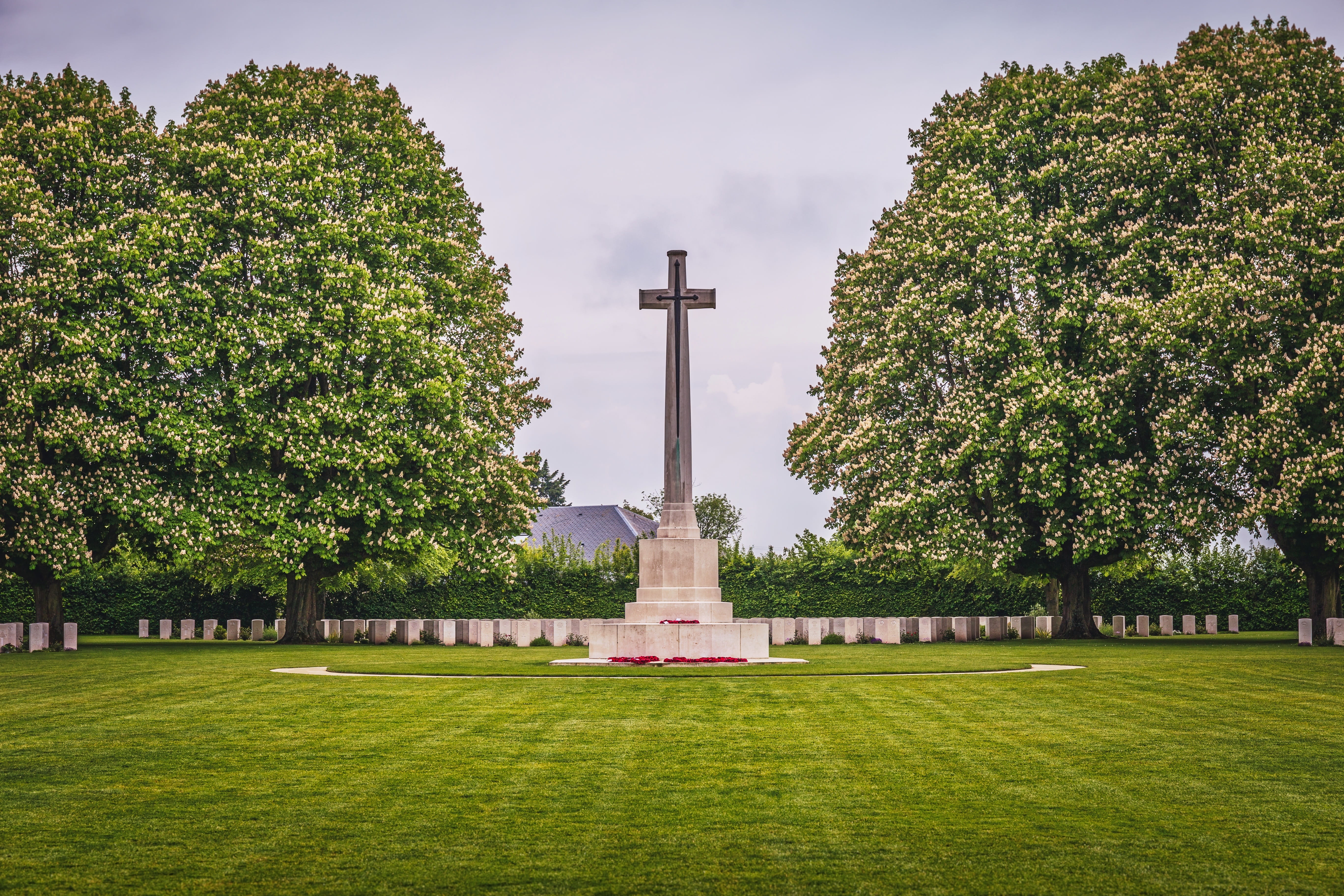 gray, trees, normandy, concrete, national, monument, day, green color, religion, architecture, d-day, nature, memorial, sculpture, cross, built structure, HD Wallpaper