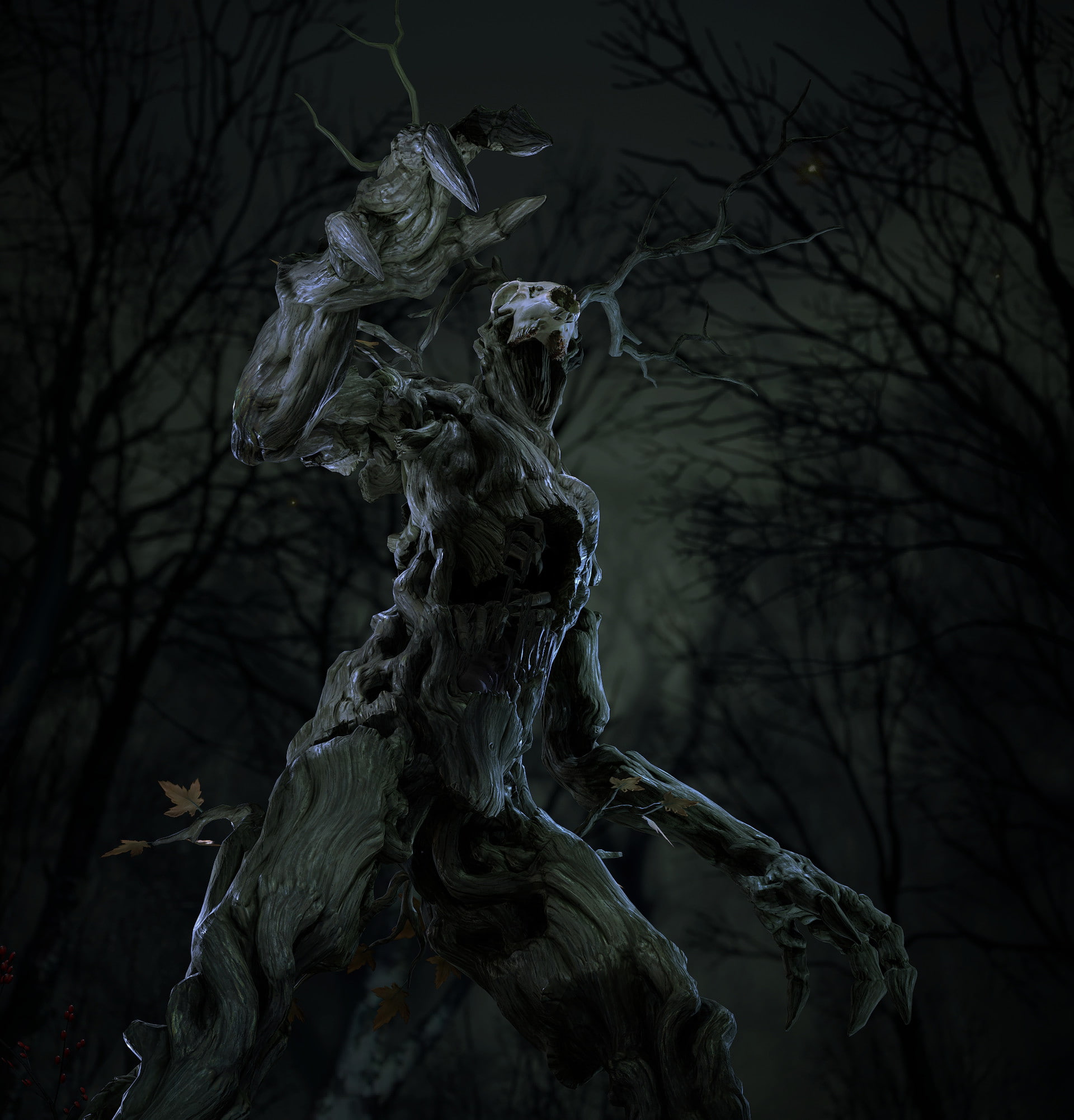 The Witcher 3: Wild Hunt, The Witcher, Shadeocai I Mourn, nightmare, creature, 1080P, digital art, dark fantasy, trees, night, 3D, fantasy art, Phone HD Wallpaper