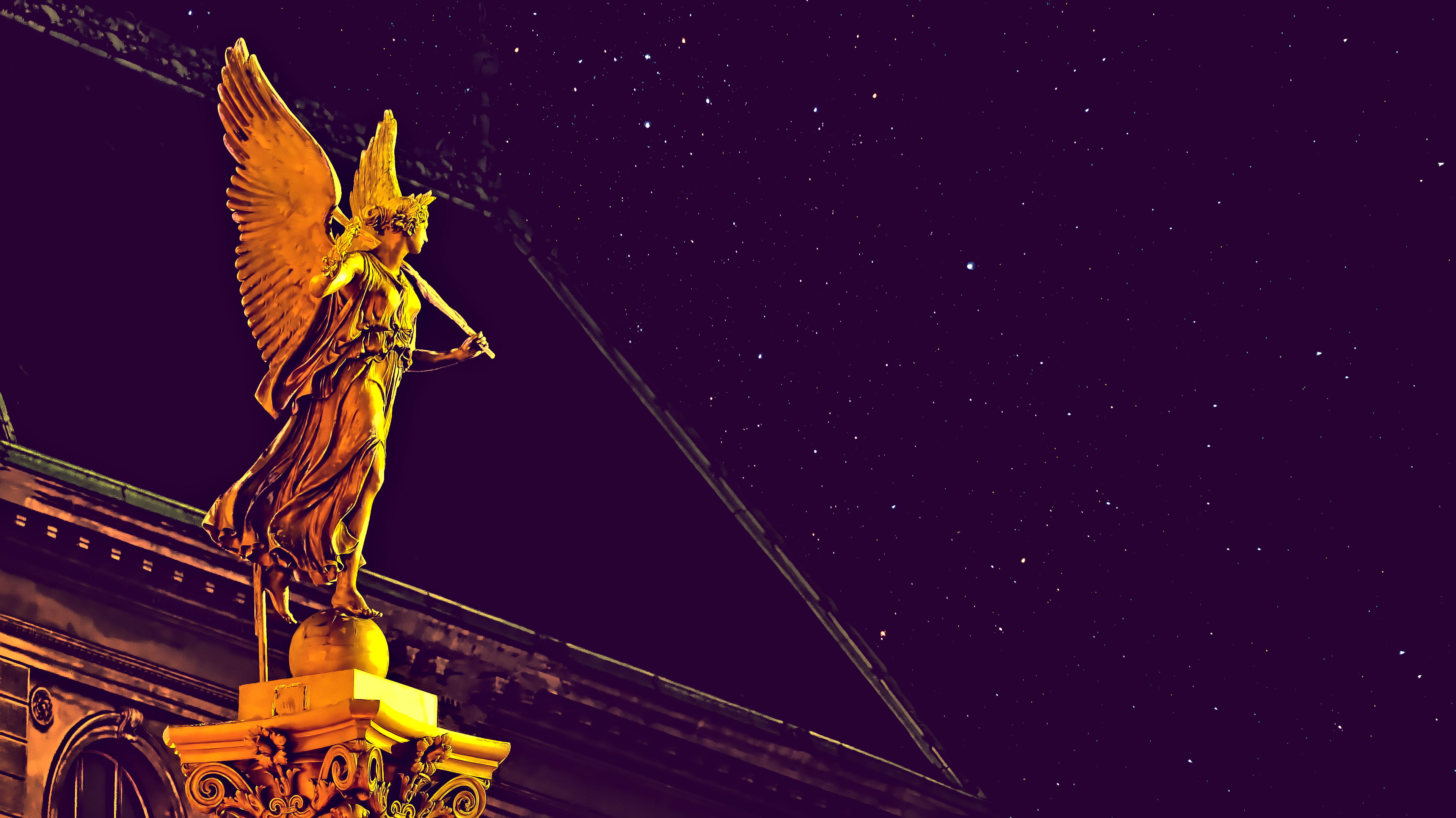 building exterior, low angle view, 4K, night, human representation, representation, nature, outdoors, illuminated, statue, sculpture, sky, the past, city, HD Wallpaper