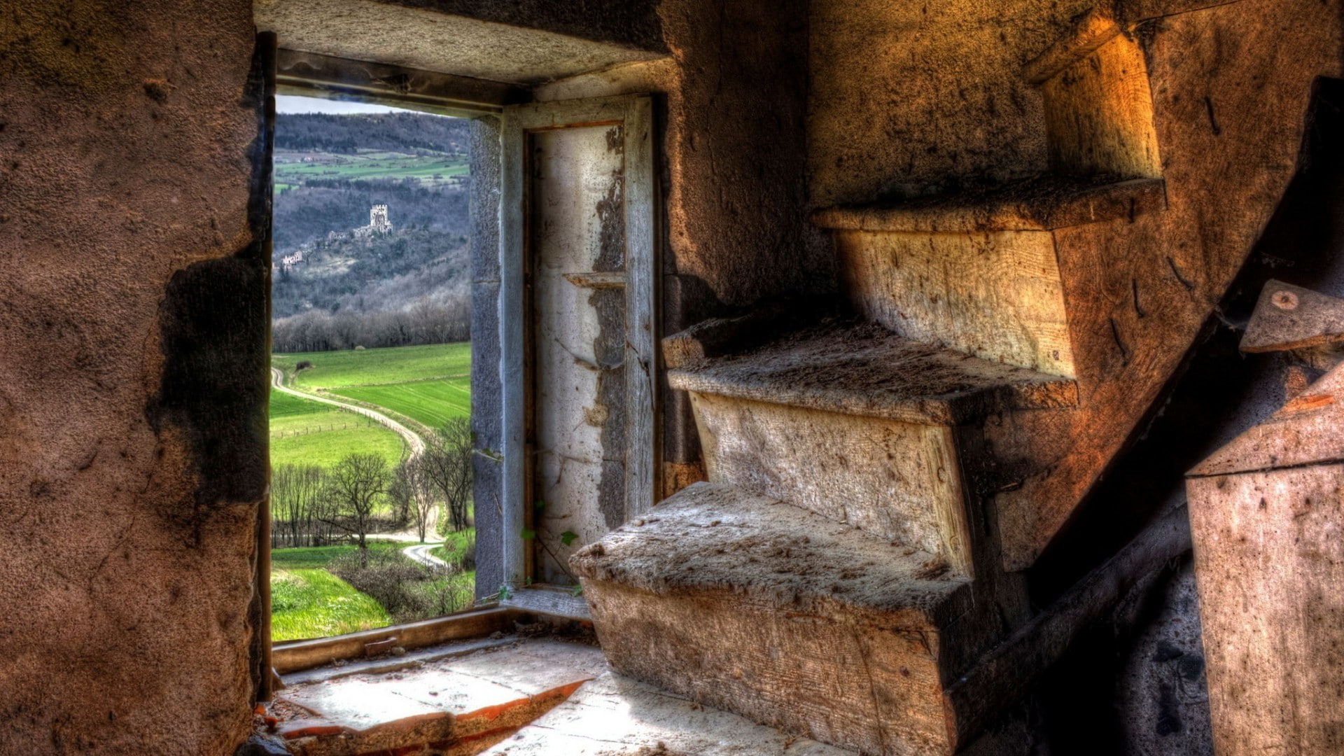 landscape, architecture, window, room, interior, hills, abandoned, nature, 1080P, trees, tower, HDR, wall, dirt road, stairs, HD Wallpaper