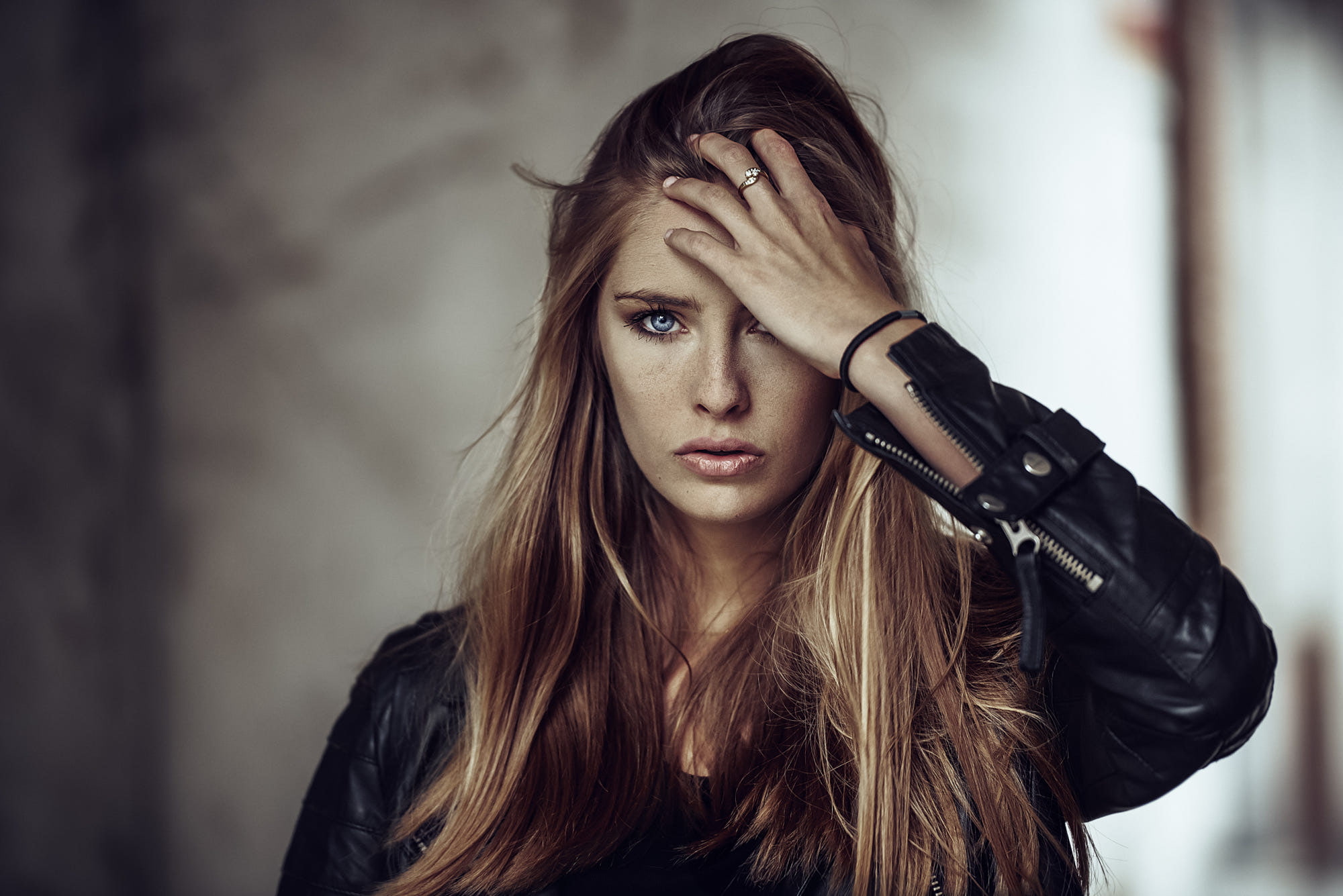 freckles, model, blue eyes, long hair, leather jackets, Camille Rochette, Hugues Bialas, 1080P, face, portrait, bokeh, brunette, women, HD Wallpaper