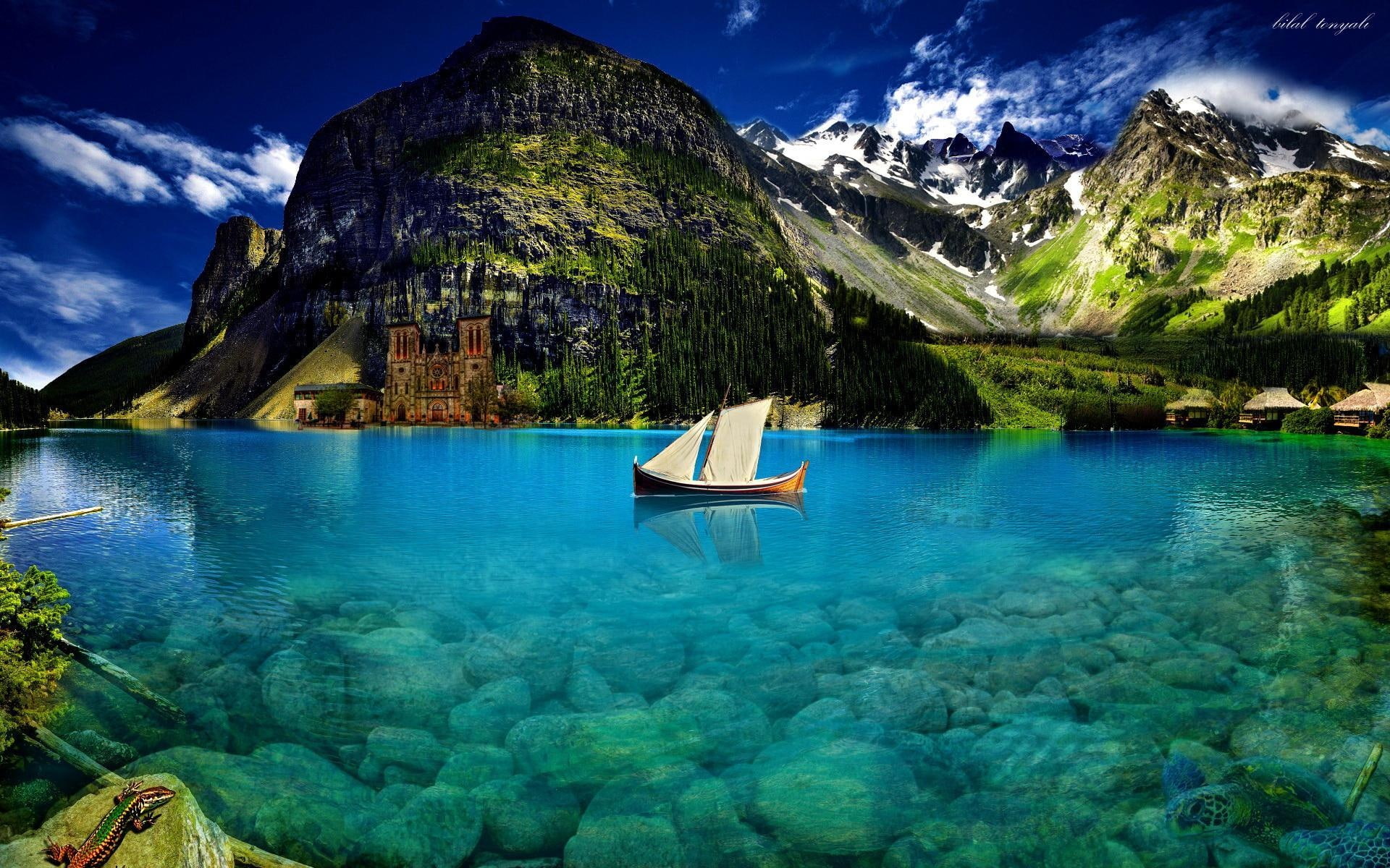 shore, lake, crystal, lovely, photoshop, crystal-blue-lake, snowy, boat, beautiful, mirrored, castle, underwater, nice, 1080P, HD Wallpaper