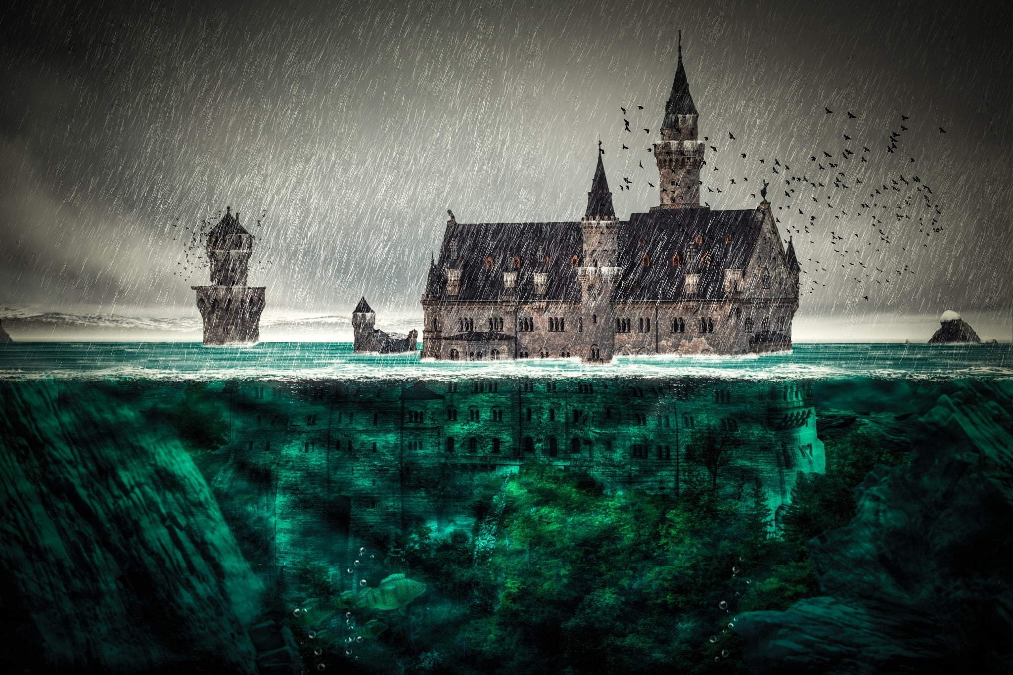 building exterior, snow, architecture, building, fantasy Art, rock, underwater, 1080P, wave, fish, split view, lighthouse, rain, mountain, castle, scenics - nature, HD Wallpaper