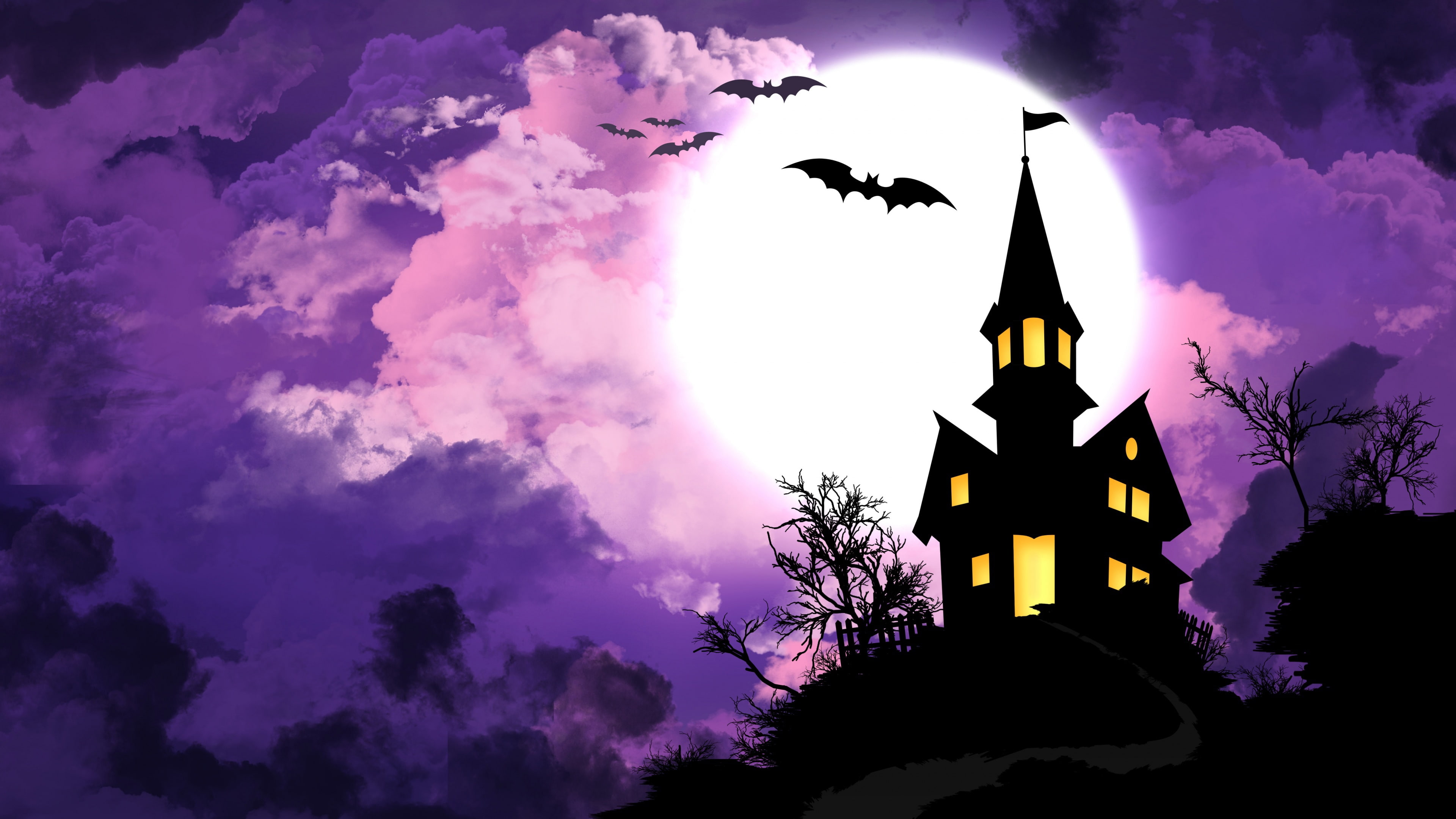 cloud, purple clouds, silhouette, moonlight, illustration, ghost castle, purple sky, moon, 4K, violet, full moon, purple, castle, graphics, scary, haunted castle, HD Wallpaper