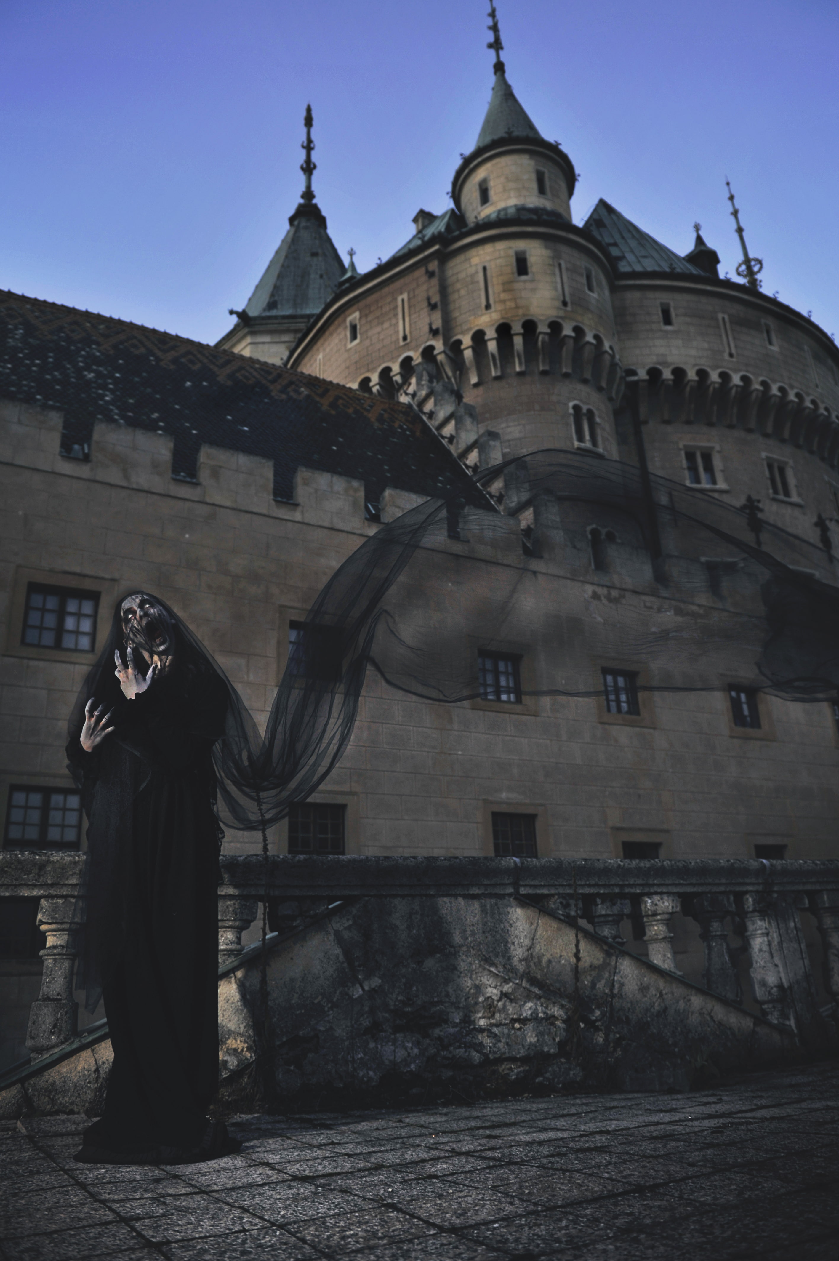 building, architecture, Slovakia, 4K, Black Dress, Ghost, spooky, Evening, Veils, women, tower, castle, scarry, Portrait Display, Phone HD Wallpaper