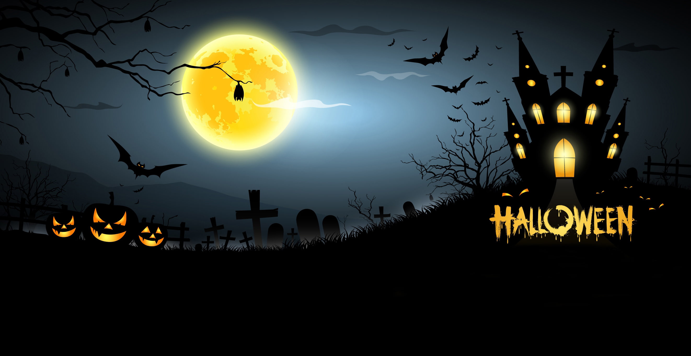full Moon, flying, shock, Halloween, glowing, tombstone, pumpkin, midnight, castle, house, horror, spooky, celebration, grave, business, sky, pumpkins, HD Wallpaper