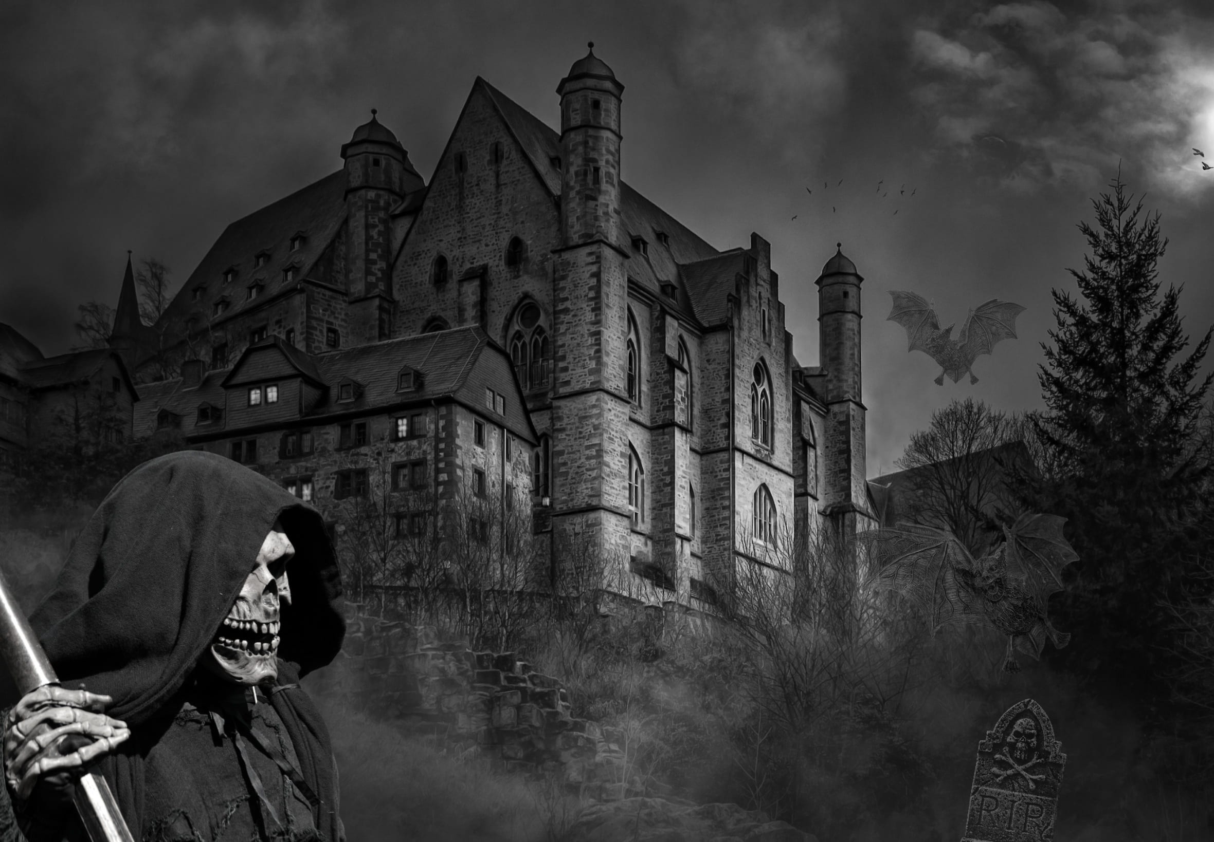 photo, ruin, castle, grayscale, history, cemetery, weird, the past, one person, real people, sky, building, leave, cloud - sky, outdoors, grim reaper, lifestyles, HD Wallpaper