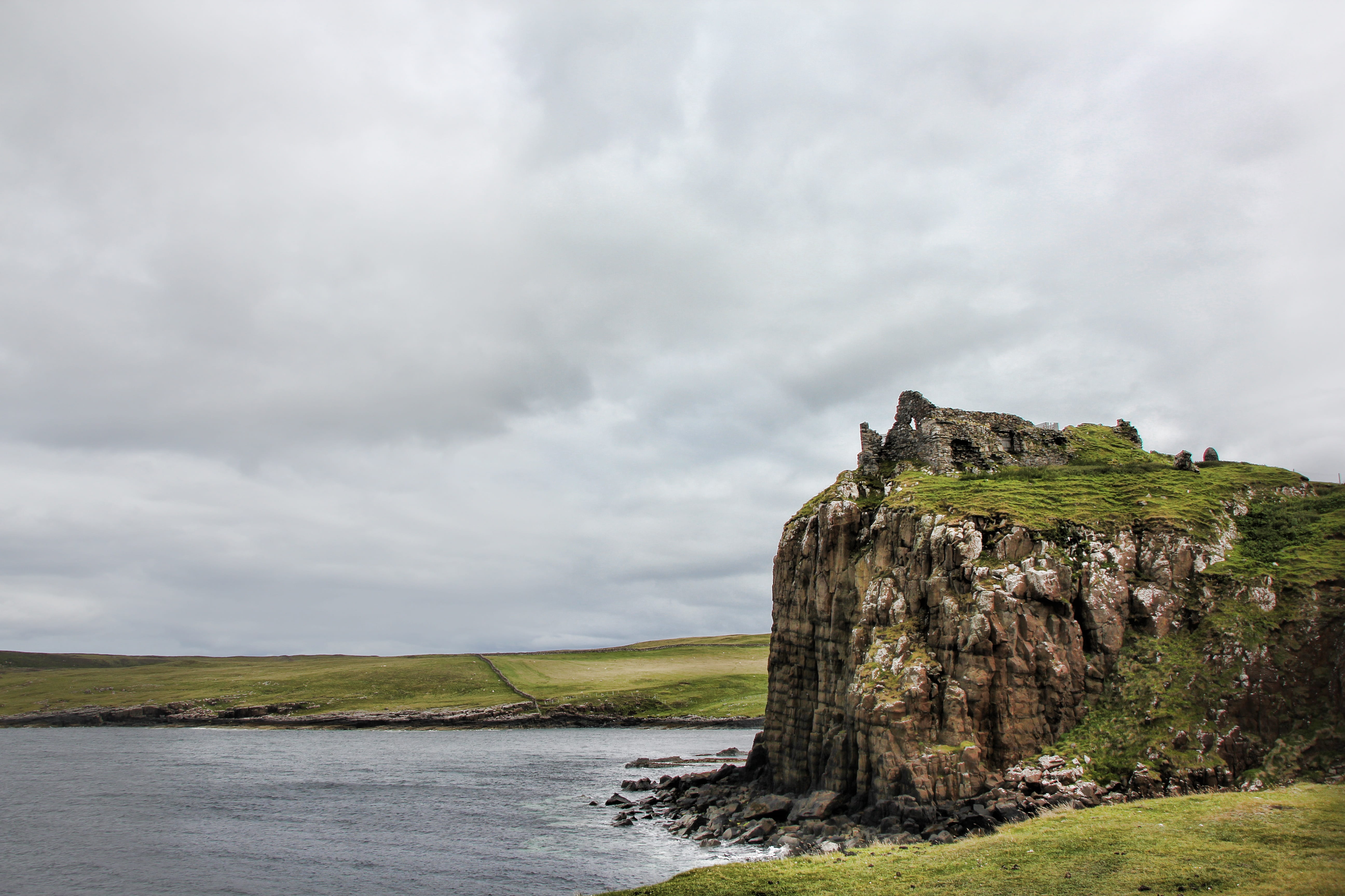 mood, scenics - nature, scotland, no people, castle, tranquility, water, non-urban scene, solid, ruin, rock, sea, masonry, highlands and islands, cloud - sky, HD Wallpaper
