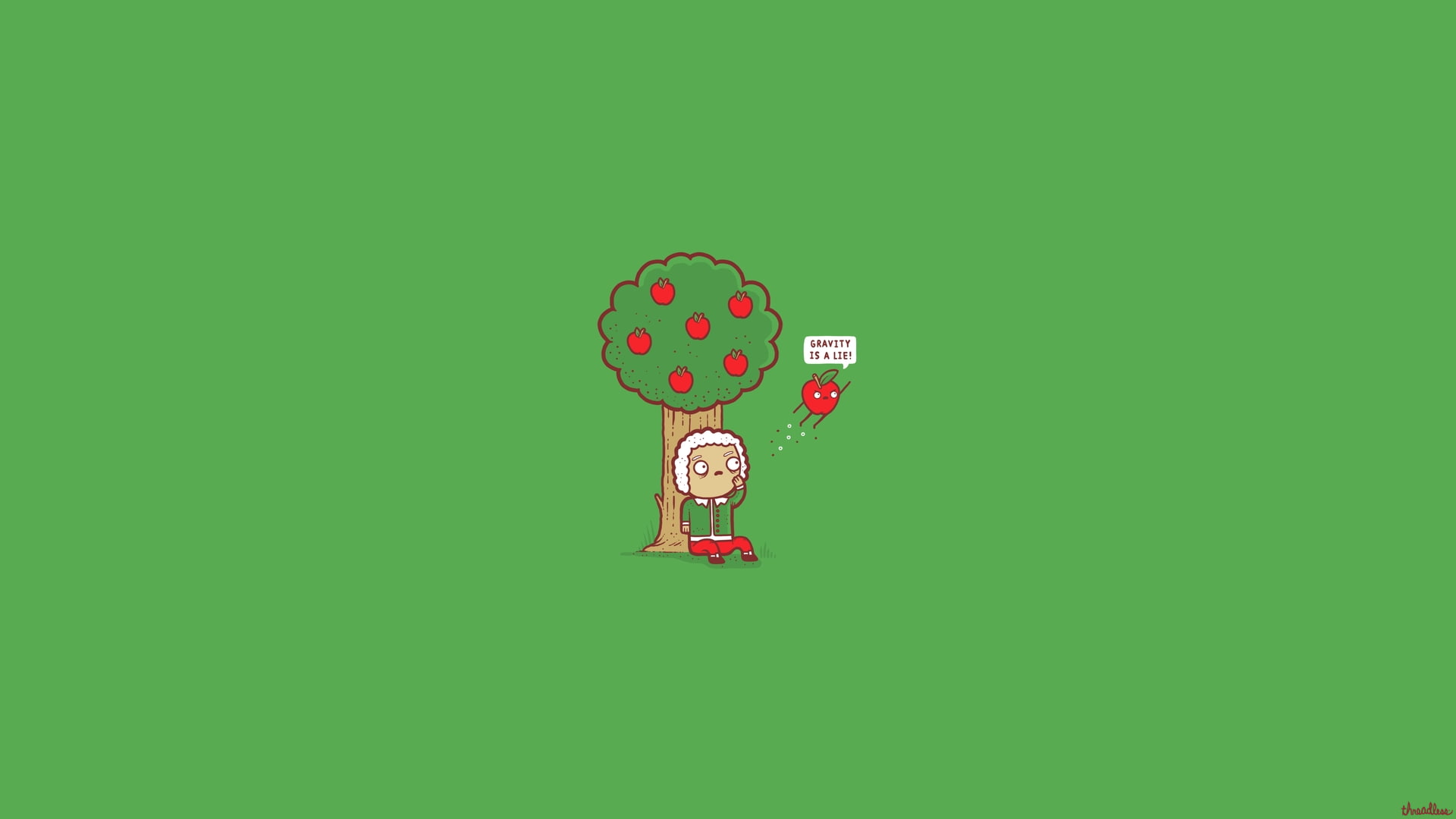 1080P, simple, digital art, science, green, trees, green background, apples, humor, Isaac Newton, HD Wallpaper