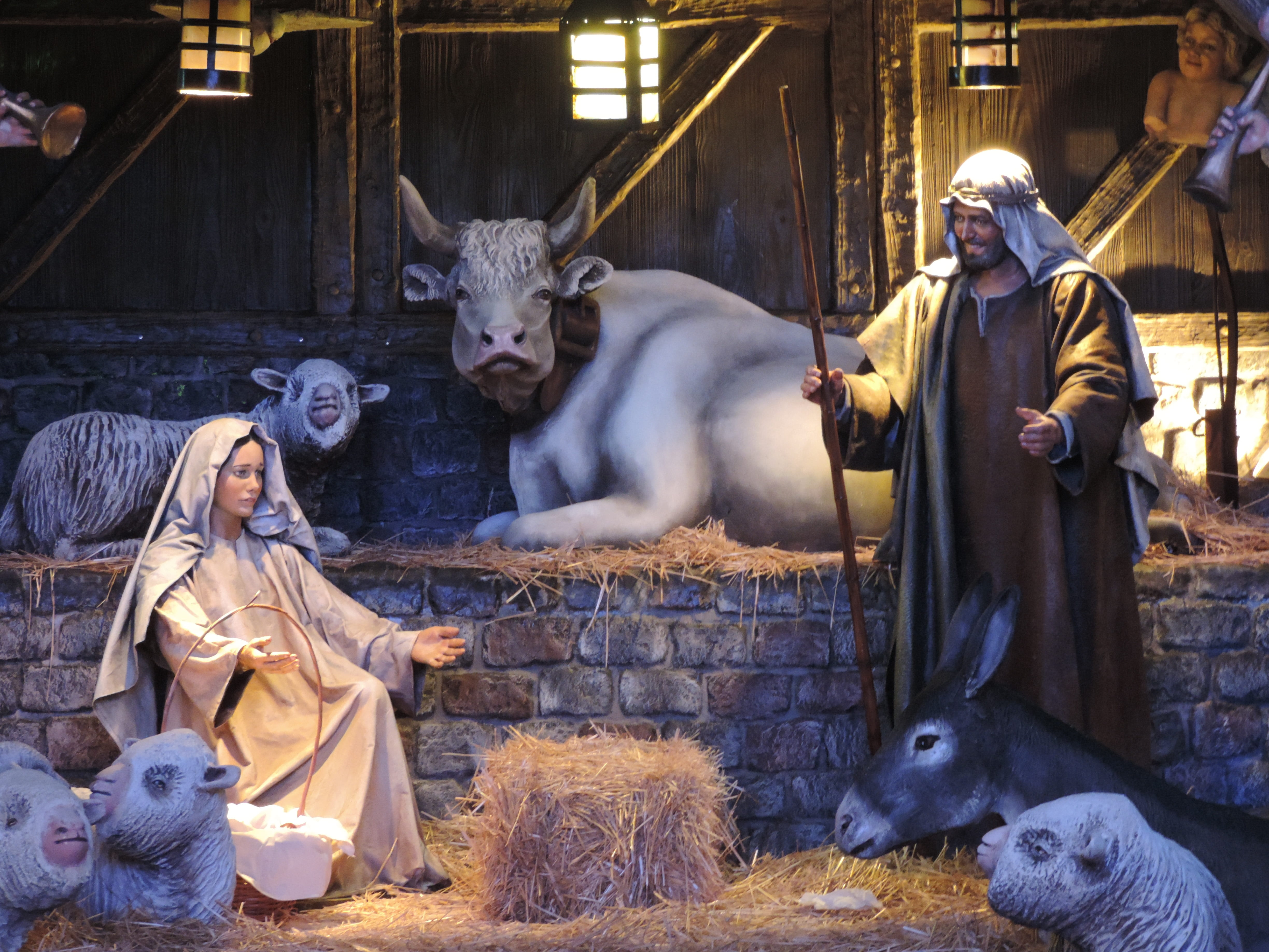 stable, christmas crib figures, wedge, jose, statue, men, domestic animals, manger, domestic, group of animals, nature, built structure, vertebrate, farmer, HD Wallpaper