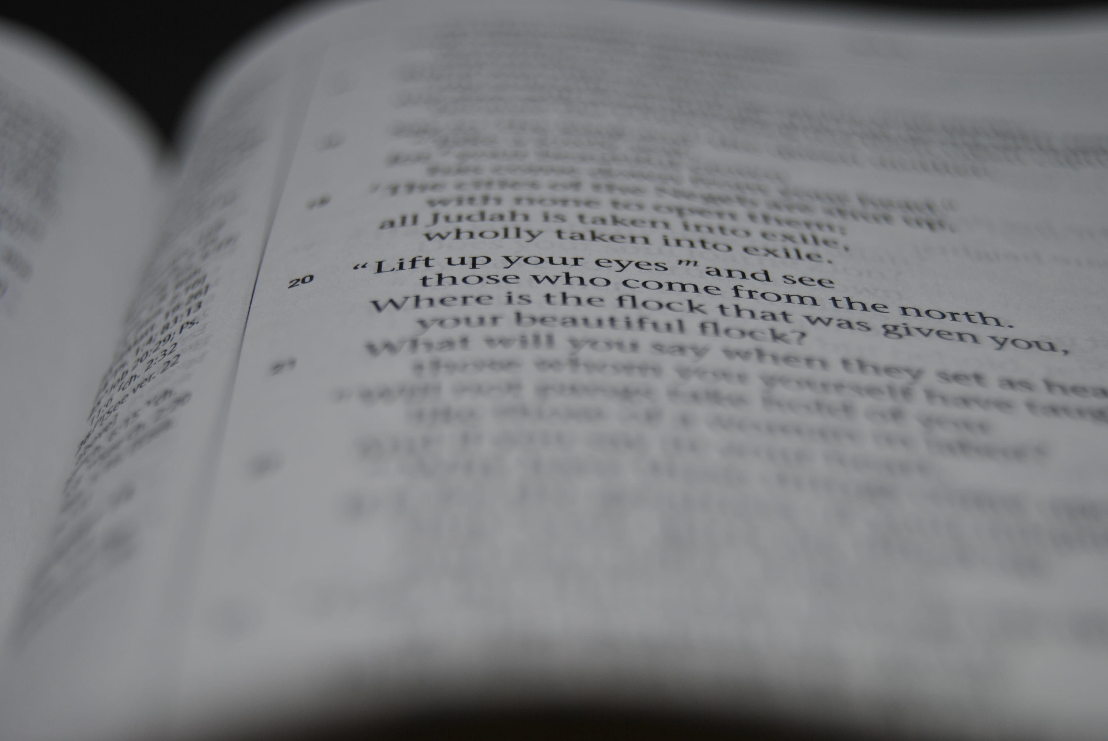 text, 4K, no people, words, still life, religion, study, macro, wisdom, bible, shot, message, publication, education, reading, document, selective focus, HD Wallpaper