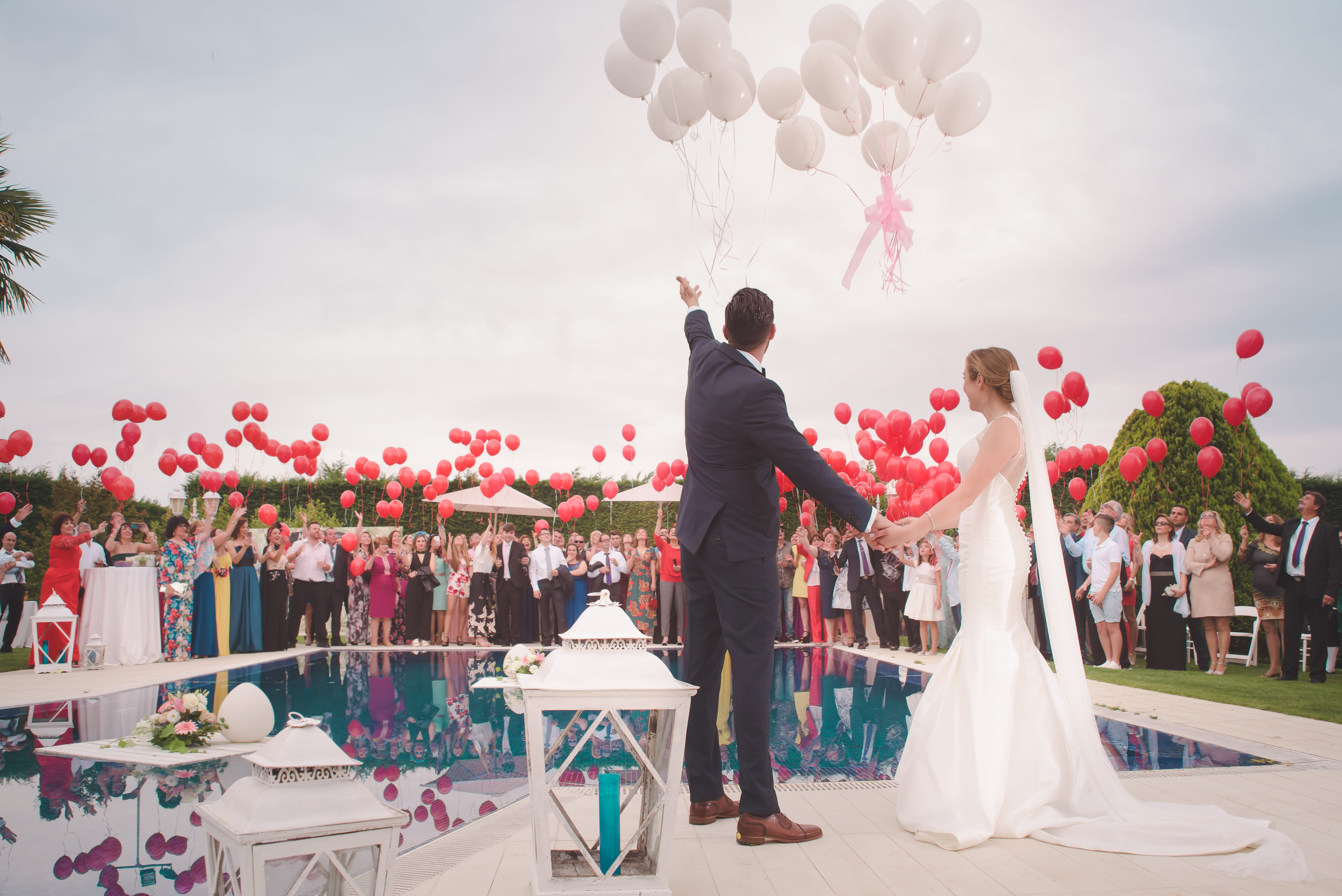love, woman, man, bouquet, sky, pool, wedding, bride, women, wife, bridegroom, daytime, married, adult, female, event, togetherness, cloudy, couple - relationship, HD Wallpaper