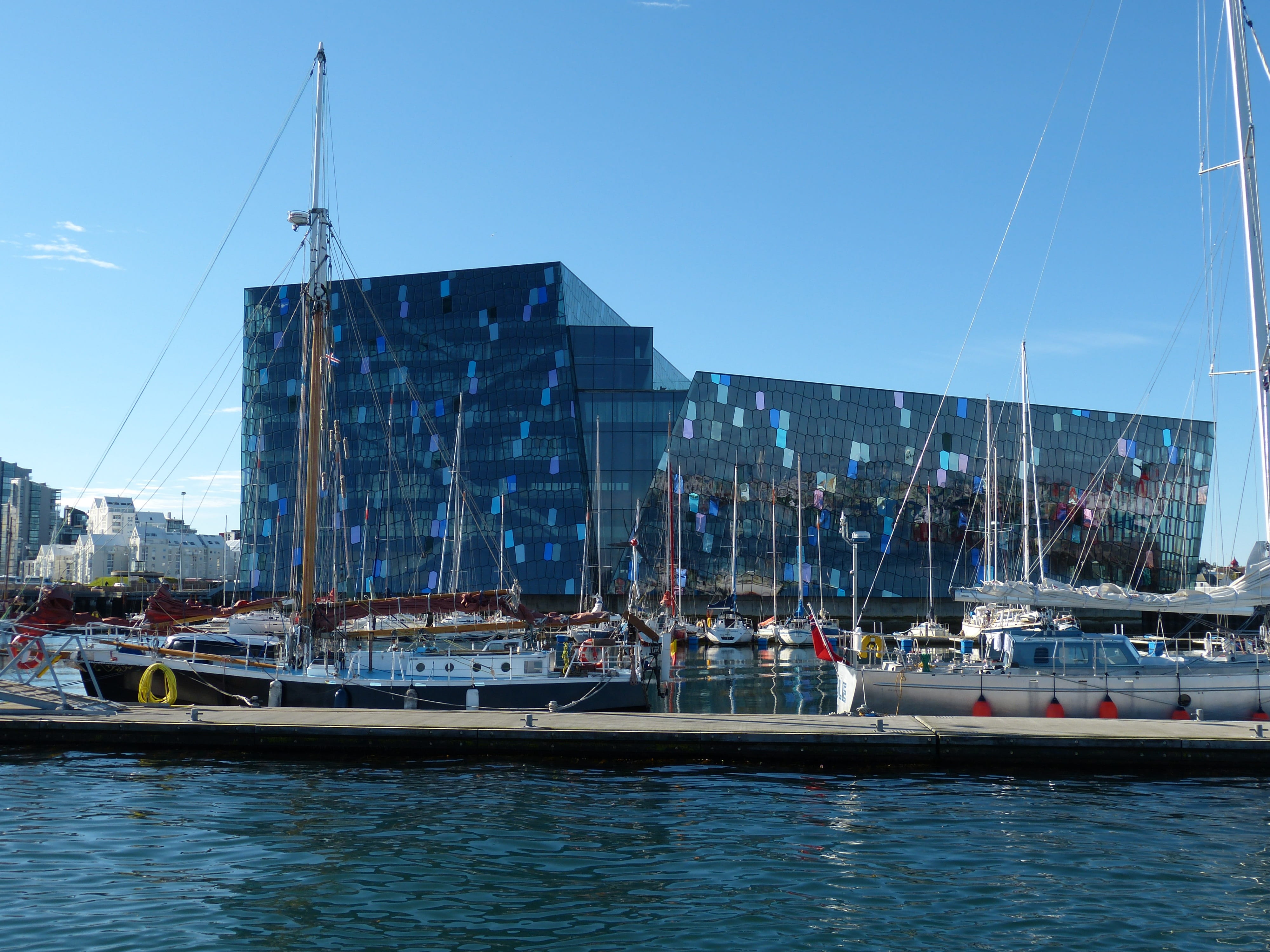facade, building exterior, transportation, yacht, harpa, port, architecture, nature, 4K, hall, church, glass, outdoors, concert, sky, sea, sailboat, built structure, HD Wallpaper