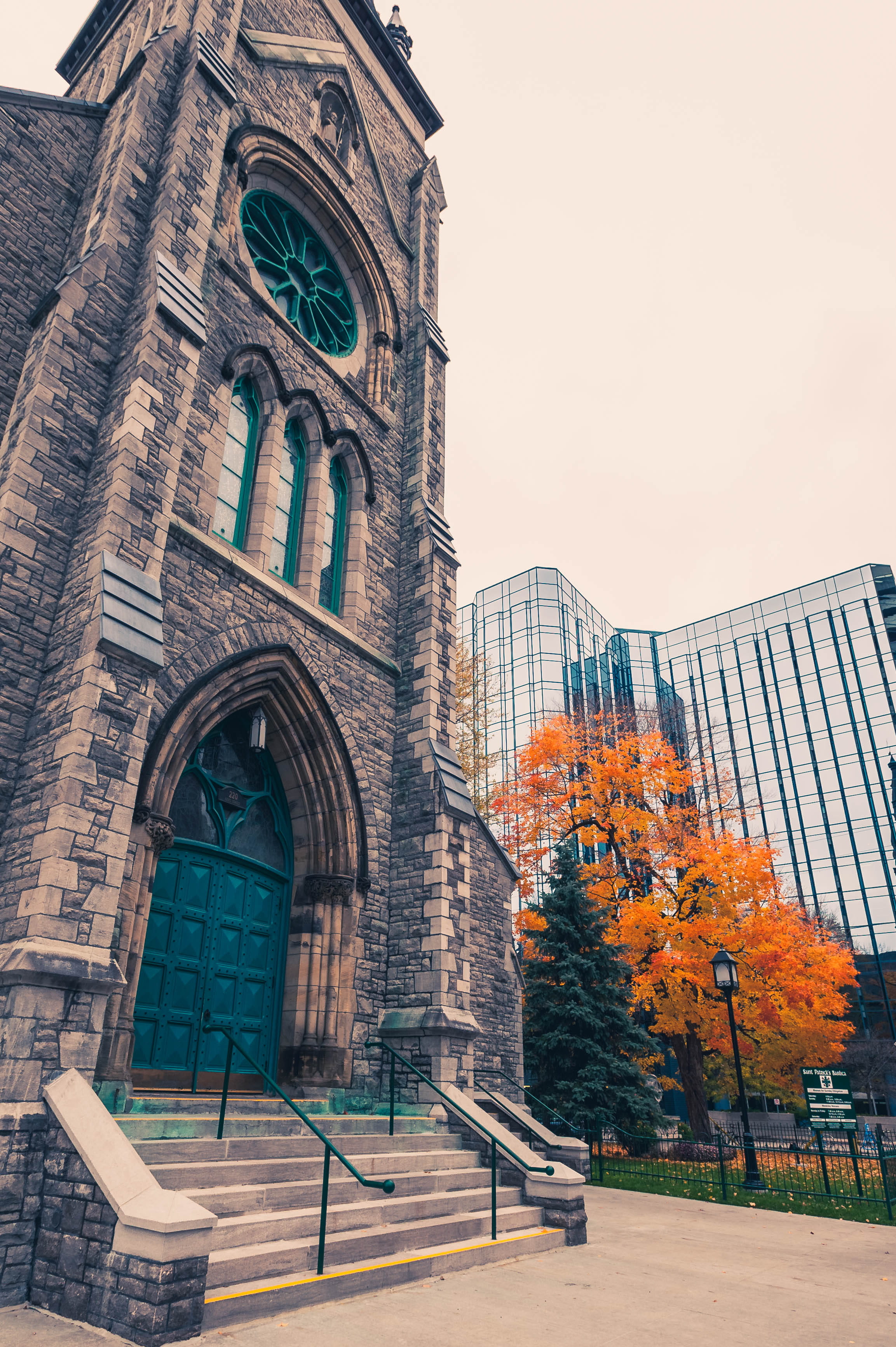 tree, urban landscape, canada, change, 2K, no people, place of worship, church, clear sky, built structure, clock, religious, orange color, fall, history, Phone HD Wallpaper