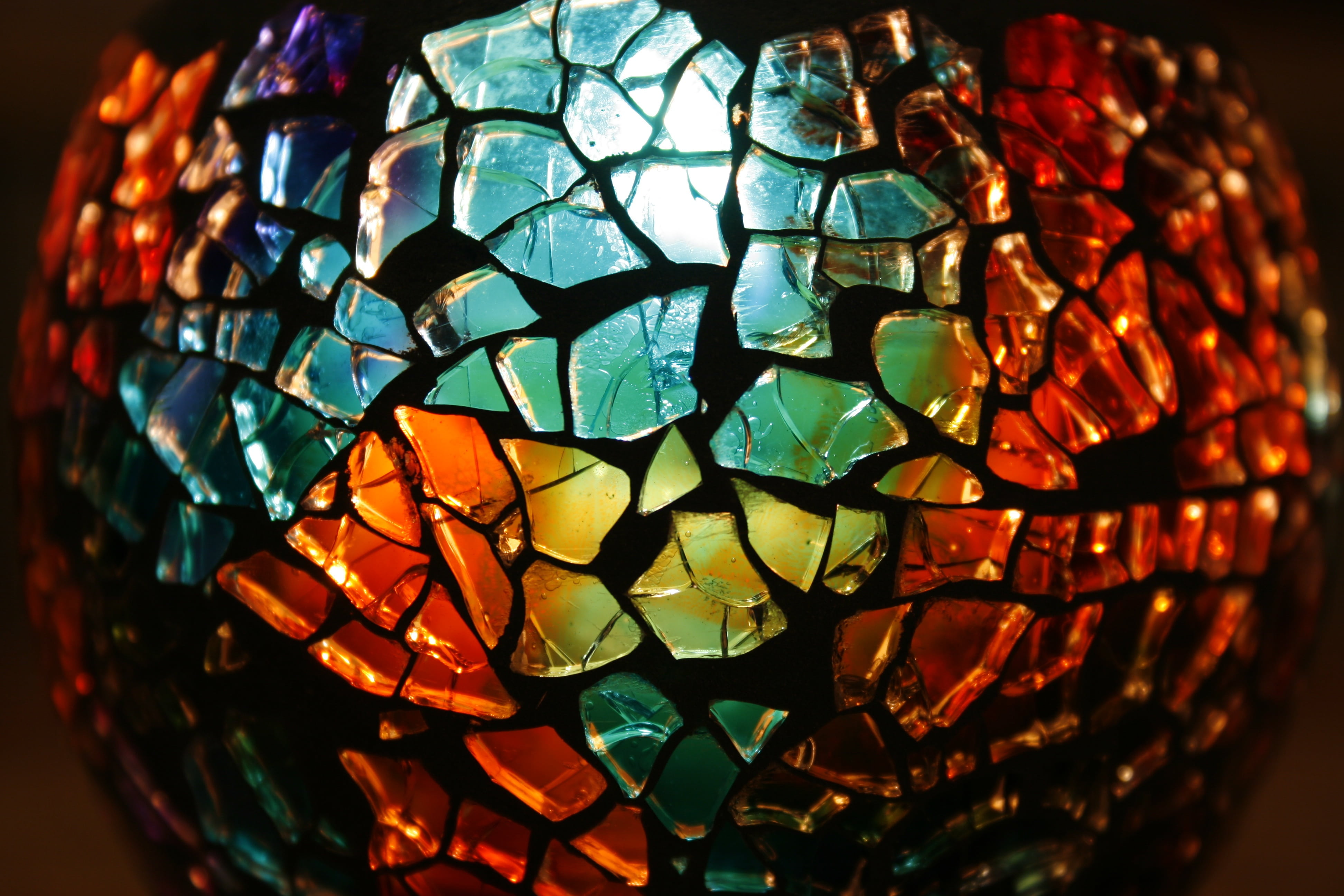 glass - material, mosaic, indoors, close-up, crystal, burning, holder, no people, candlelight, reflection, romance, electric lamp, glowing, black background, HD Wallpaper