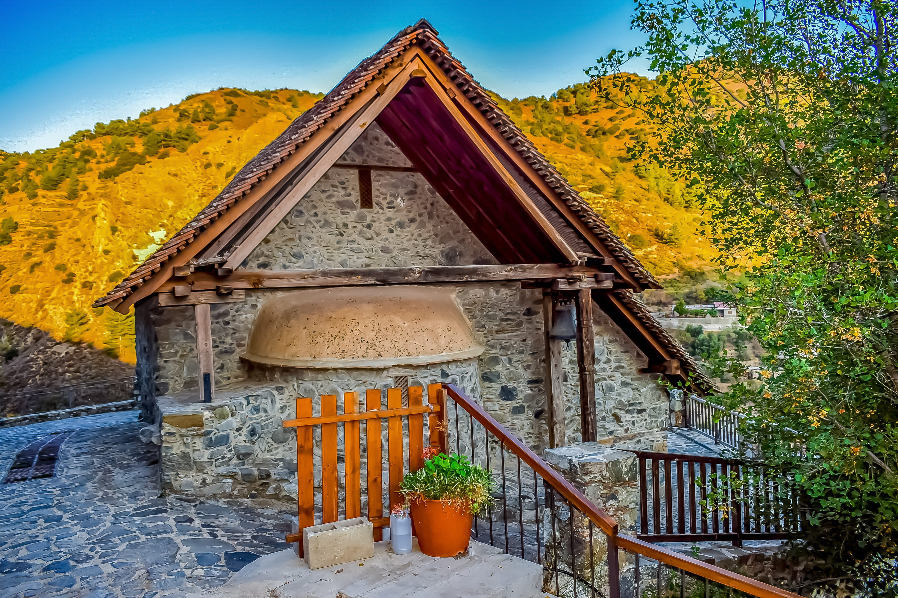 staircase, outdoors, tranquil scene, orange color, tree, cyprus, christianity, multi colored, building exterior, railing, mountain, religion, no people, HD Wallpaper