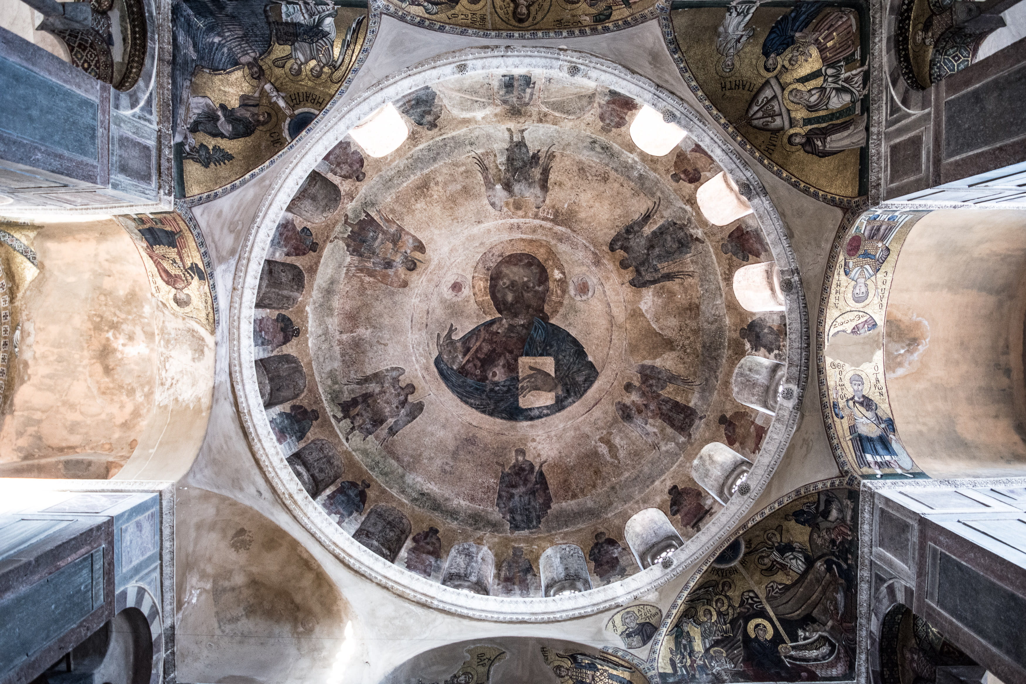 temple, art, the past, greece, top, light, place of worship, art and craft, hosios loukas, indoor, elcarito, ceiling, cupola, day, divinity, agios loukas monastery, HD Wallpaper
