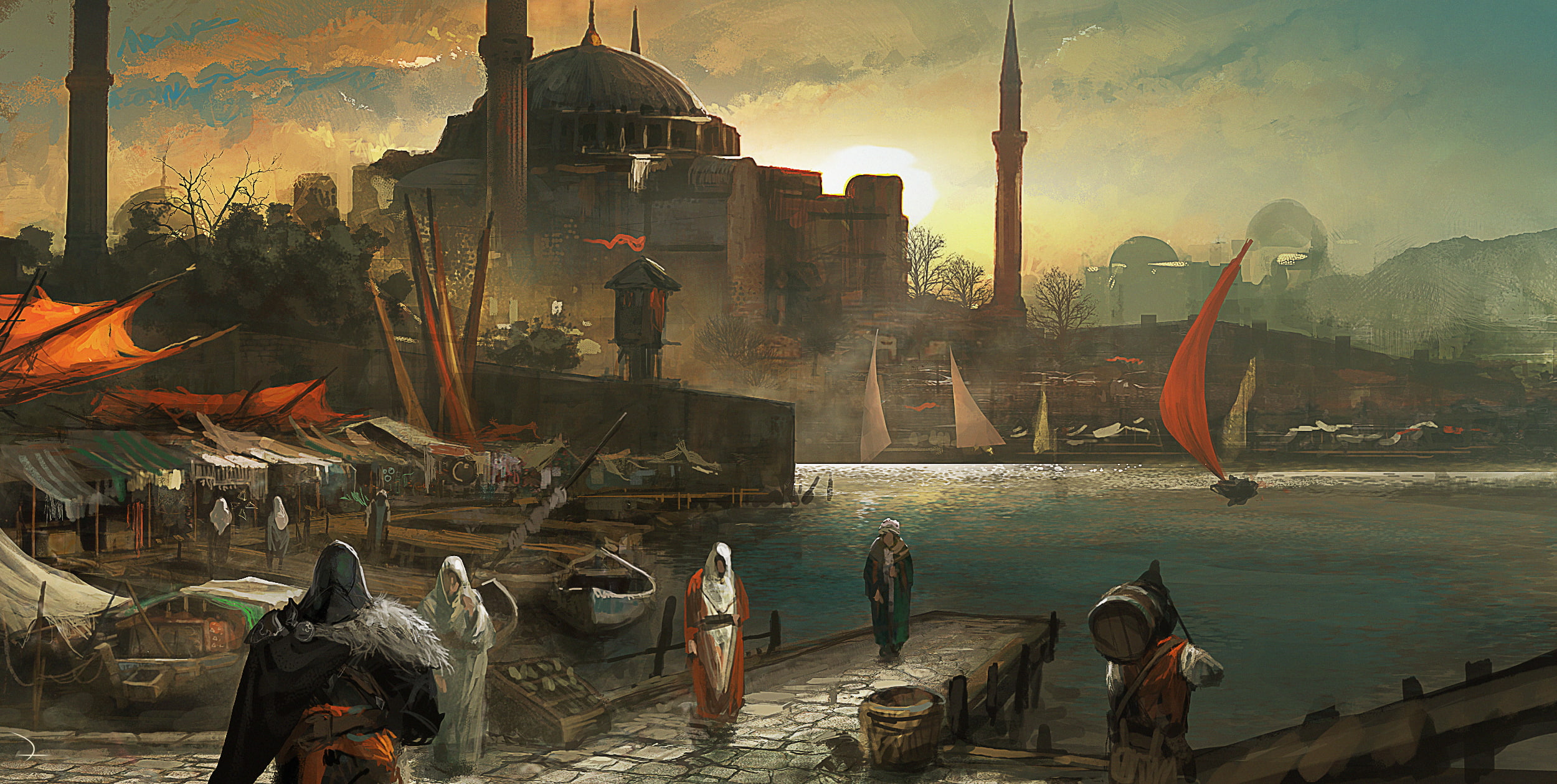 Ezio, the city, Port, revelations, assassins creed, market, Constantinople, 1080P, HD Wallpaper