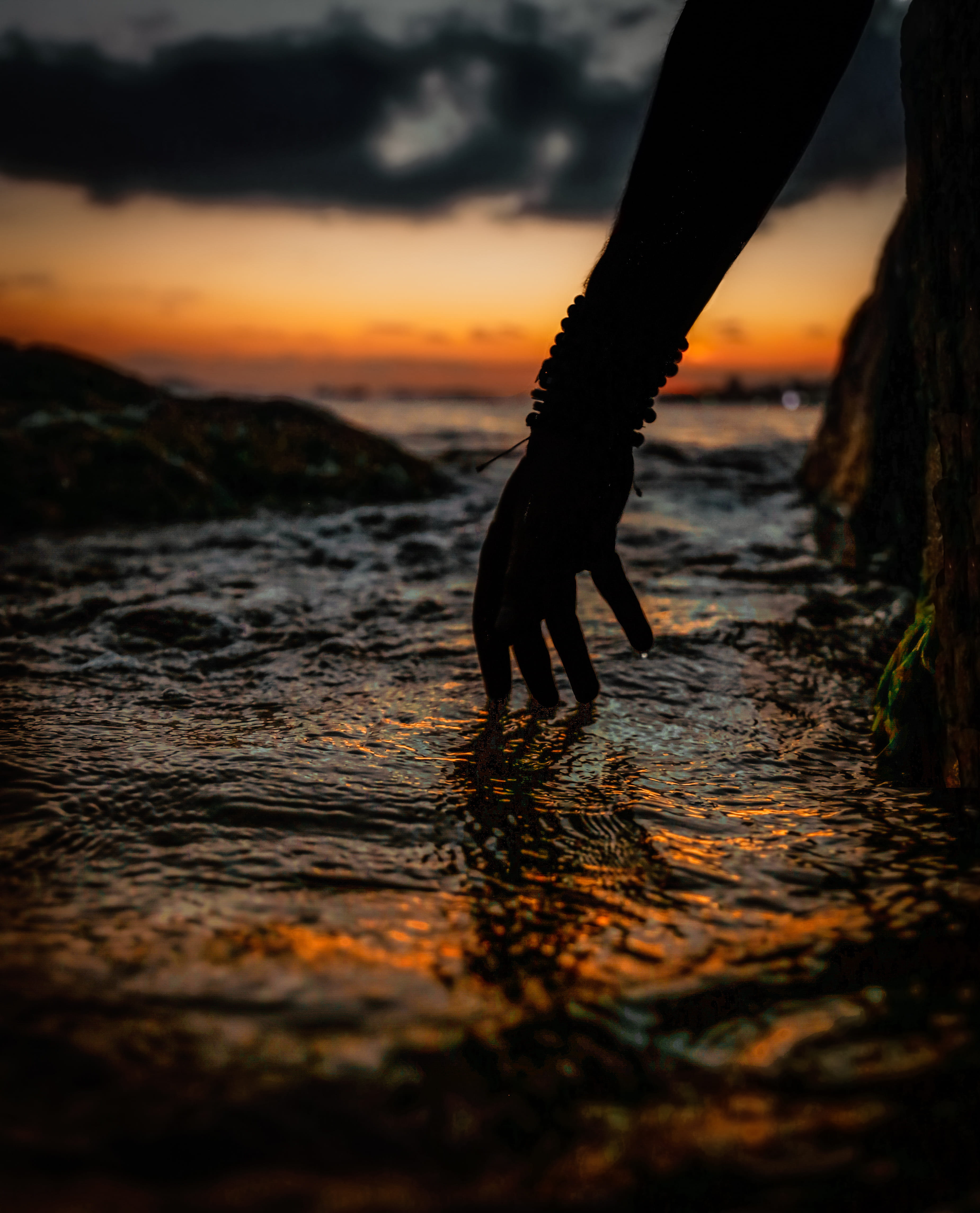 landscape, sun, sunset, travel, scenic, touching, evening, horizon, clouds, nature, human body part, scenics - nature, ocean, hand, reflection, land, seashore, Phone HD Wallpaper