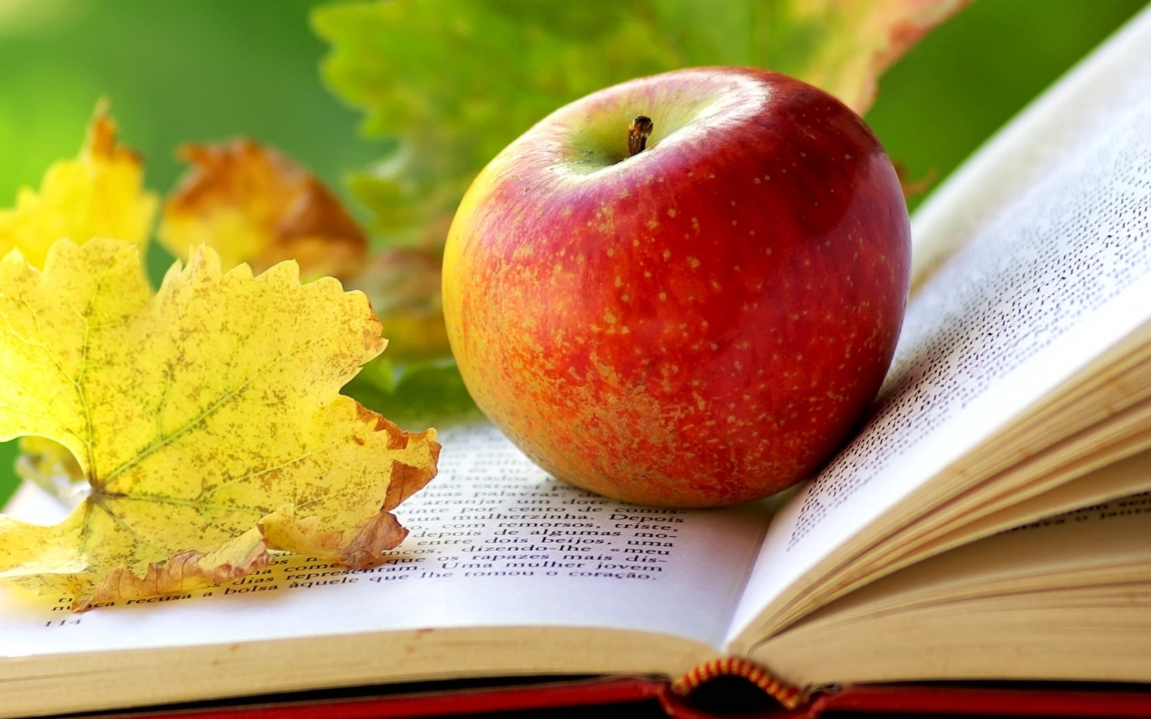 apple - Fruit, hardcover book, open, yellow, textbook, table, small group of objects, literature, paper, freshness, red, 720P, indoors, food and drink, HD Wallpaper