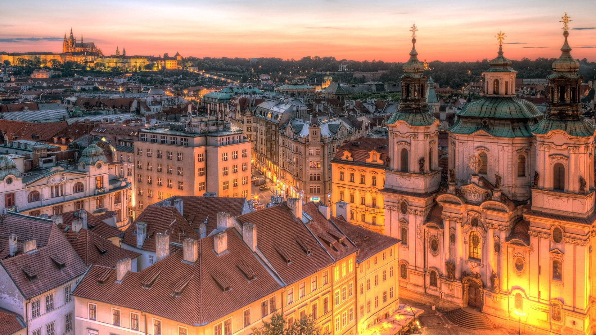 travel destinations, st. nicholas church, high angle view, no people, urban area, st nicholas church, history, cz, nature, spire, evening, cityscape, built structure, HD Wallpaper