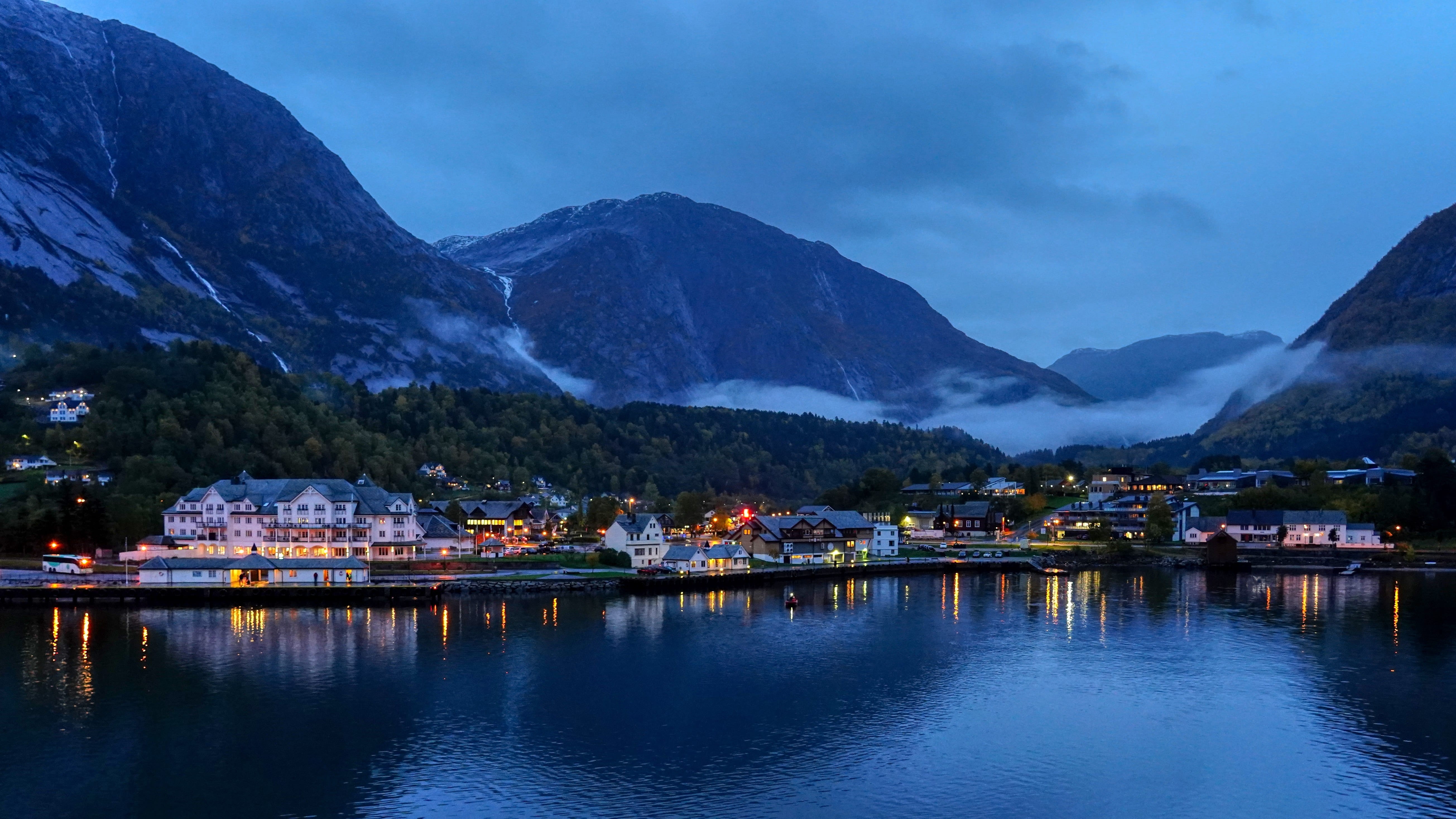 reflection, norway, scenics - nature, mountain range, nature, building, dawn, no people, trueb, country life, nautical vessel, cloud - sky, 5K, cruise ship, HD Wallpaper