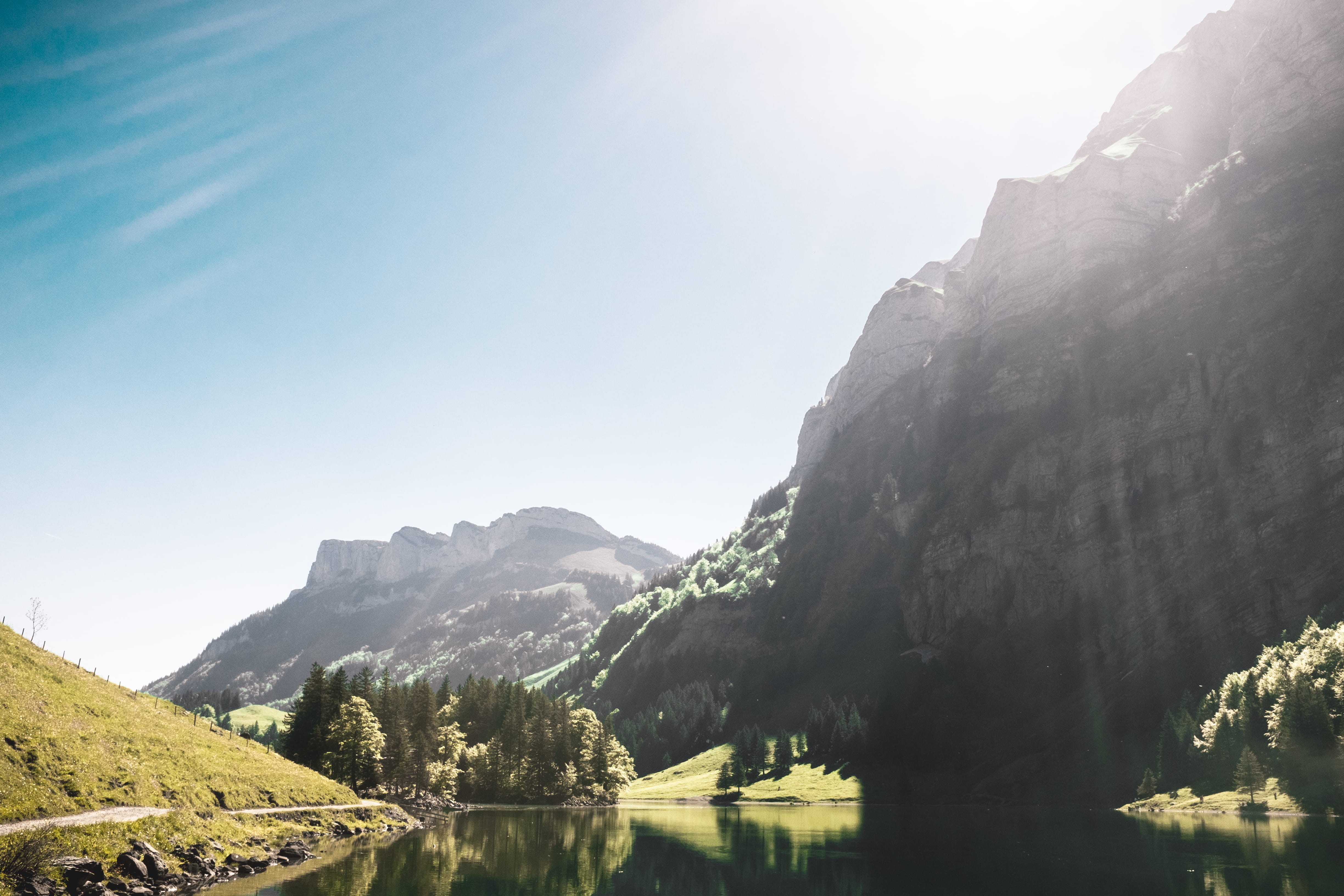 sunlight, day, no people, 4K, solid, landscape, mountain range, clear sky, bright, outdoors, dom, lake, swiss, formation, mountainlake, mountains, seealpsee, HD Wallpaper
