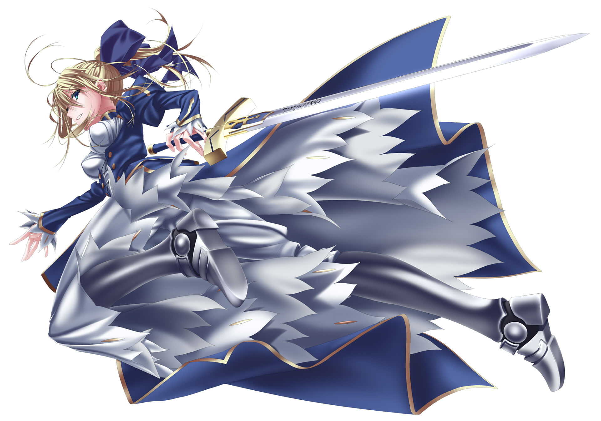 aqua, long, armor, blonde, pixiv7798, stay, bow, fate, 1080P, saber, weapon, dress, hair, doa, sword, night, eyes, HD Wallpaper