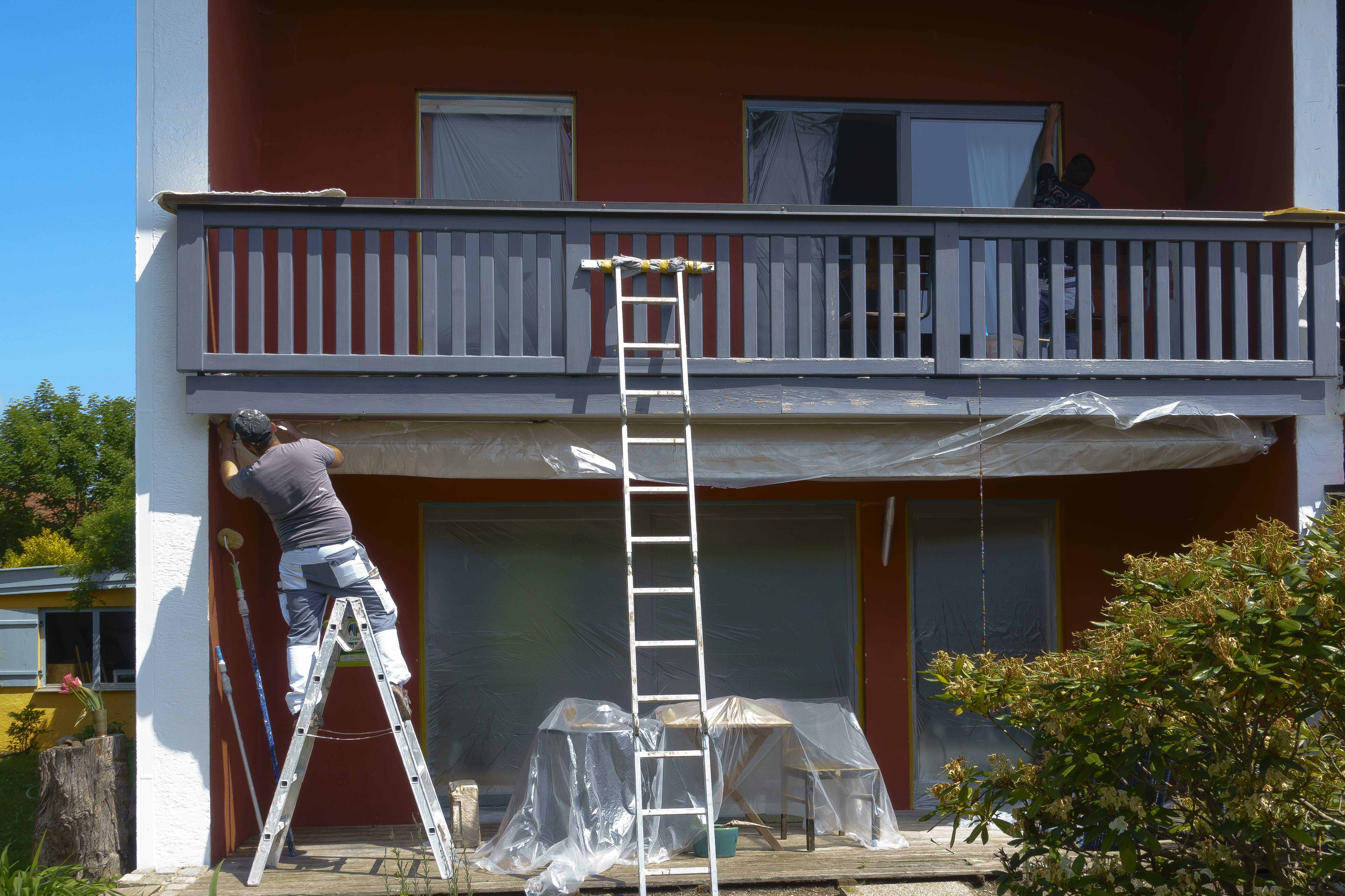 two people, house, day, real people, nature, building exterior, building, home, men, people, window, railing, working, architecture, painter, 5K, sunlight, HD Wallpaper