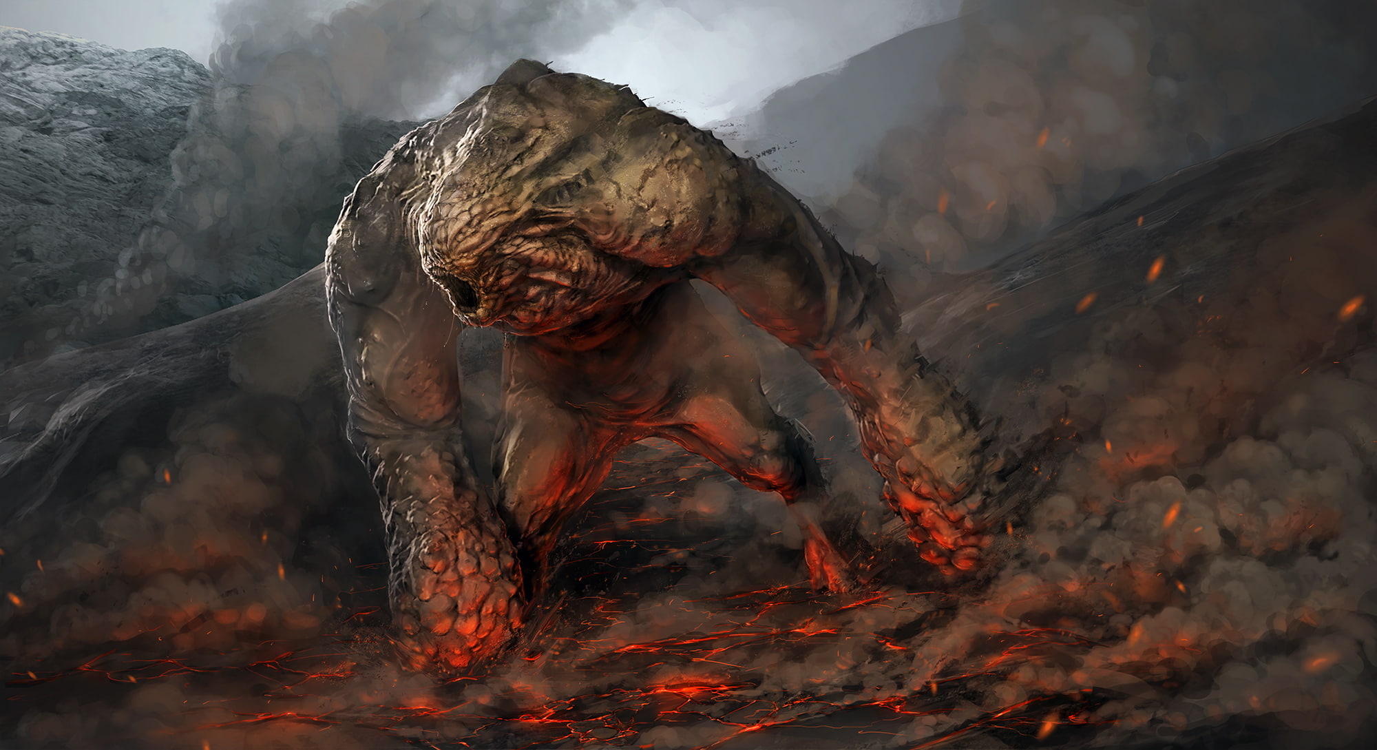 monster, art, fiction, 1080P, mountain, lava golem, HD Wallpaper