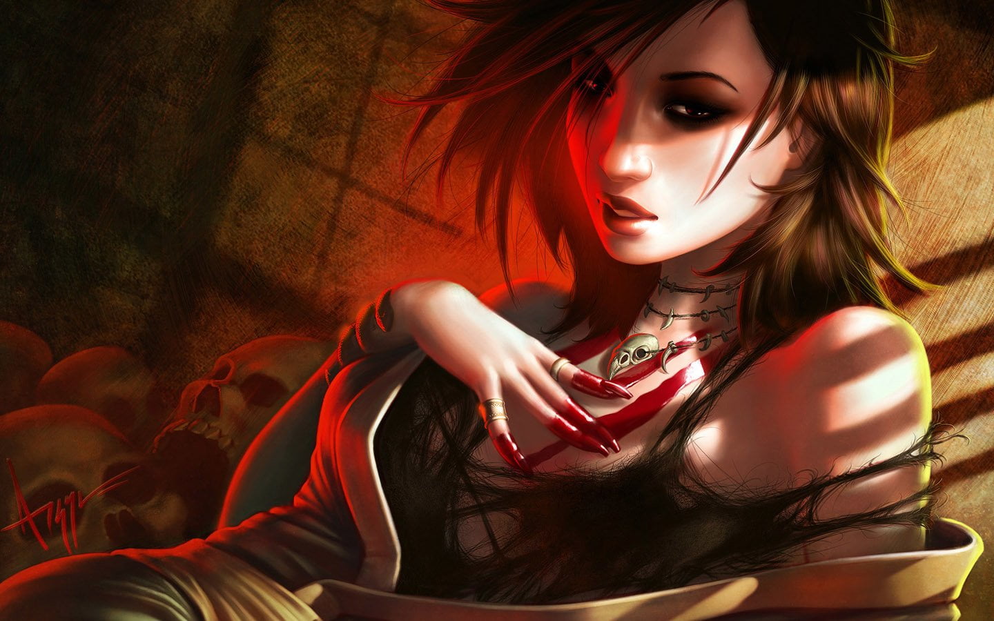 beautiful woman, one person, temptation, women, Dark, young women, portrait, beauty, black, red, Fantasy, hairstyle, Witch, fashion, hair, CGI, Skull, 720P, HD Wallpaper
