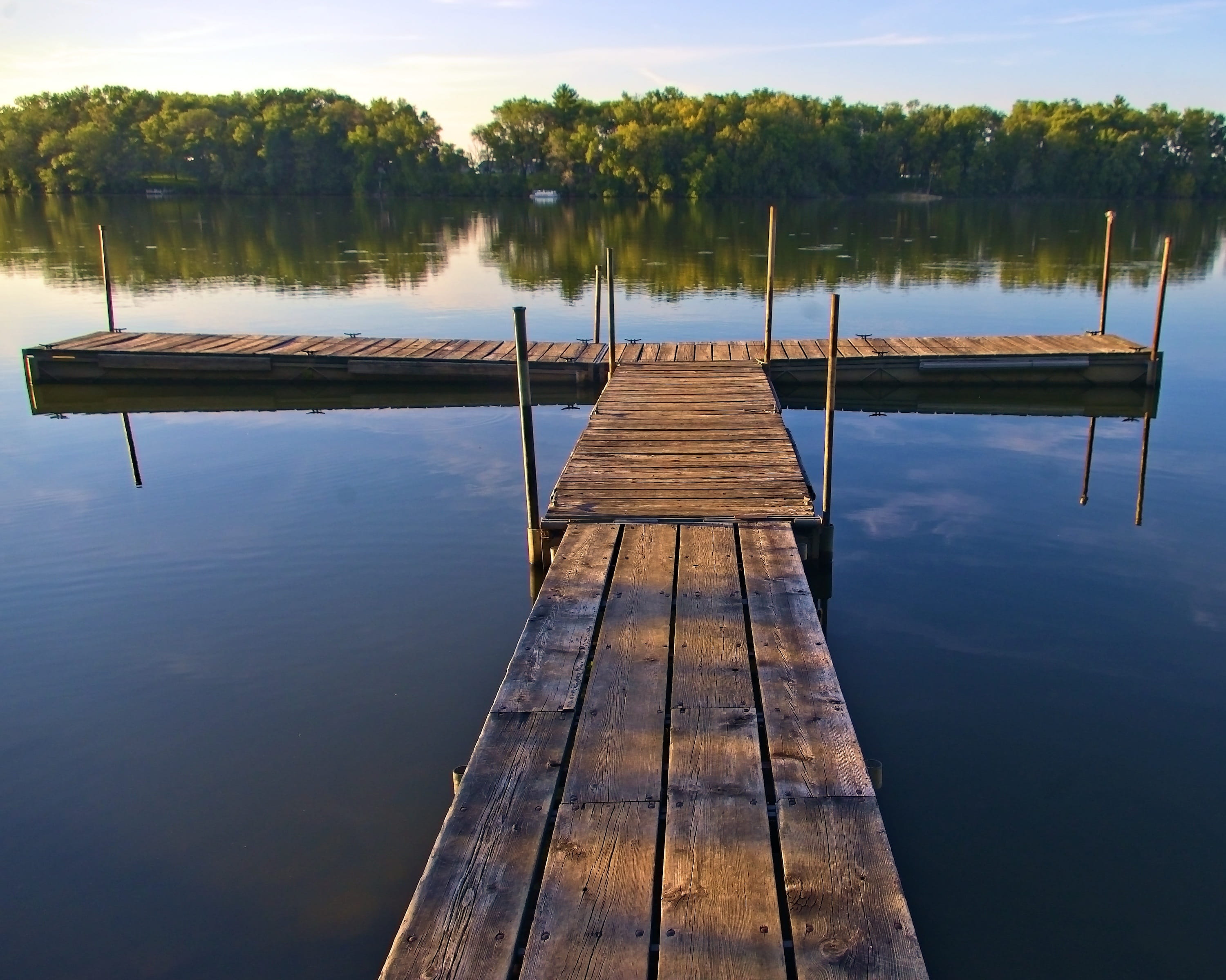 lake, wood paneling, tranquility, jetty, outdoors, wood, sunset, beeds lake boat dock, idyllic, standing water, non-urban scene, tree, summer, iowa, blue, HD Wallpaper