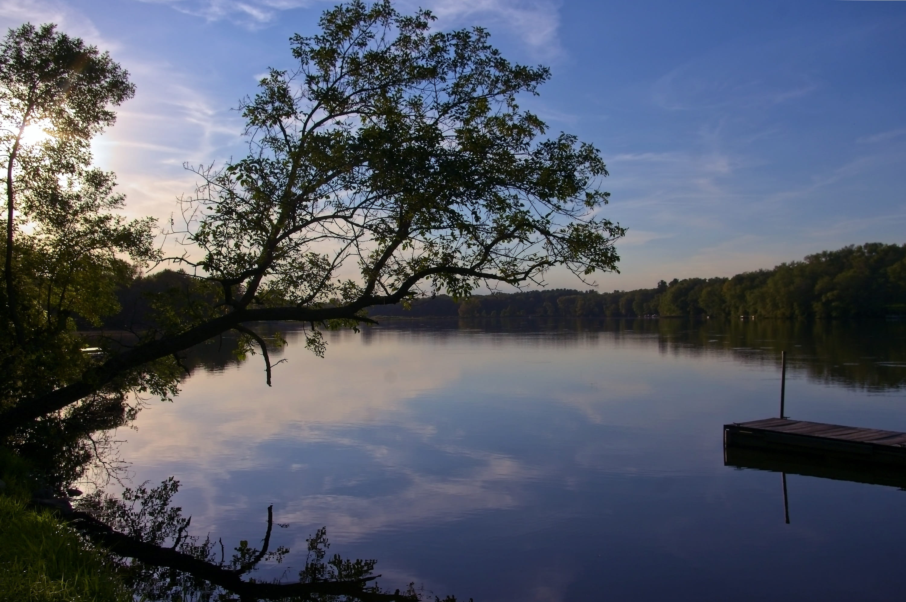 sunset, plant, cloud - sky, beeds lake state park, waterfront, silence, outdoors, calm, iowa, no people, lake, clouds, growth, beeds lake iowa, blue, tree, HD Wallpaper