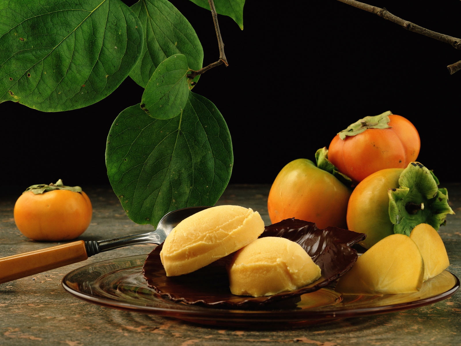 no people, still life, assorted, plate, orange, wellbeing, studio shot, healthy eating, green color, fruit, black background, plant part, persimmon, freshness, HD Wallpaper