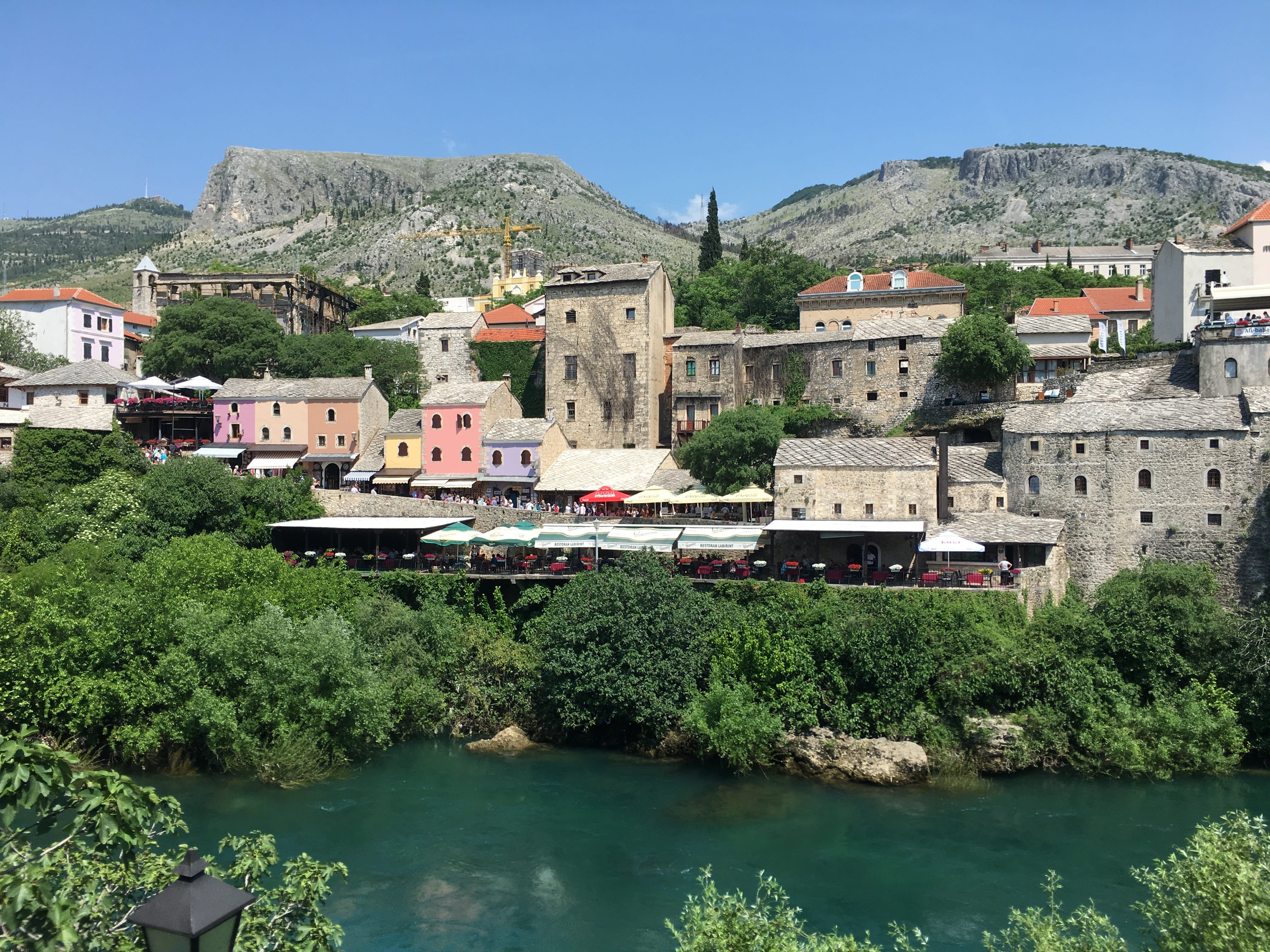 islam, medieval, built structure, mostar, moslem, waterfront, day, tree, city, landmark, building exterior, europe, outdoors, house, sky, neretva, herzegovina, HD Wallpaper